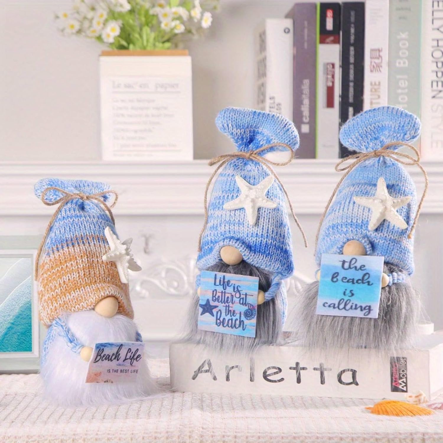 Summer Gnomes Decorations for Home,Beach Gnome Plush Gnome Gifts for Women, Stuffed Gnomes Tiered Tray Decor Ocean Decorations Summer Home Decor Tomte Swedish Elf Dwarf (White)