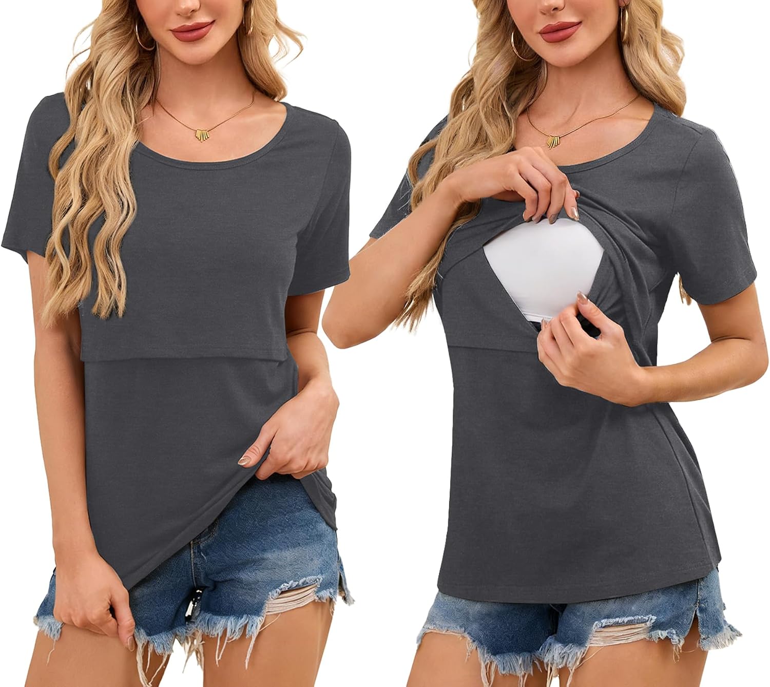 Womens Nursing Tops for Breastfeeding Maternity Shirts Double Layer Pregnancy Clothes Postpartum Short Sleeve Tee Tops