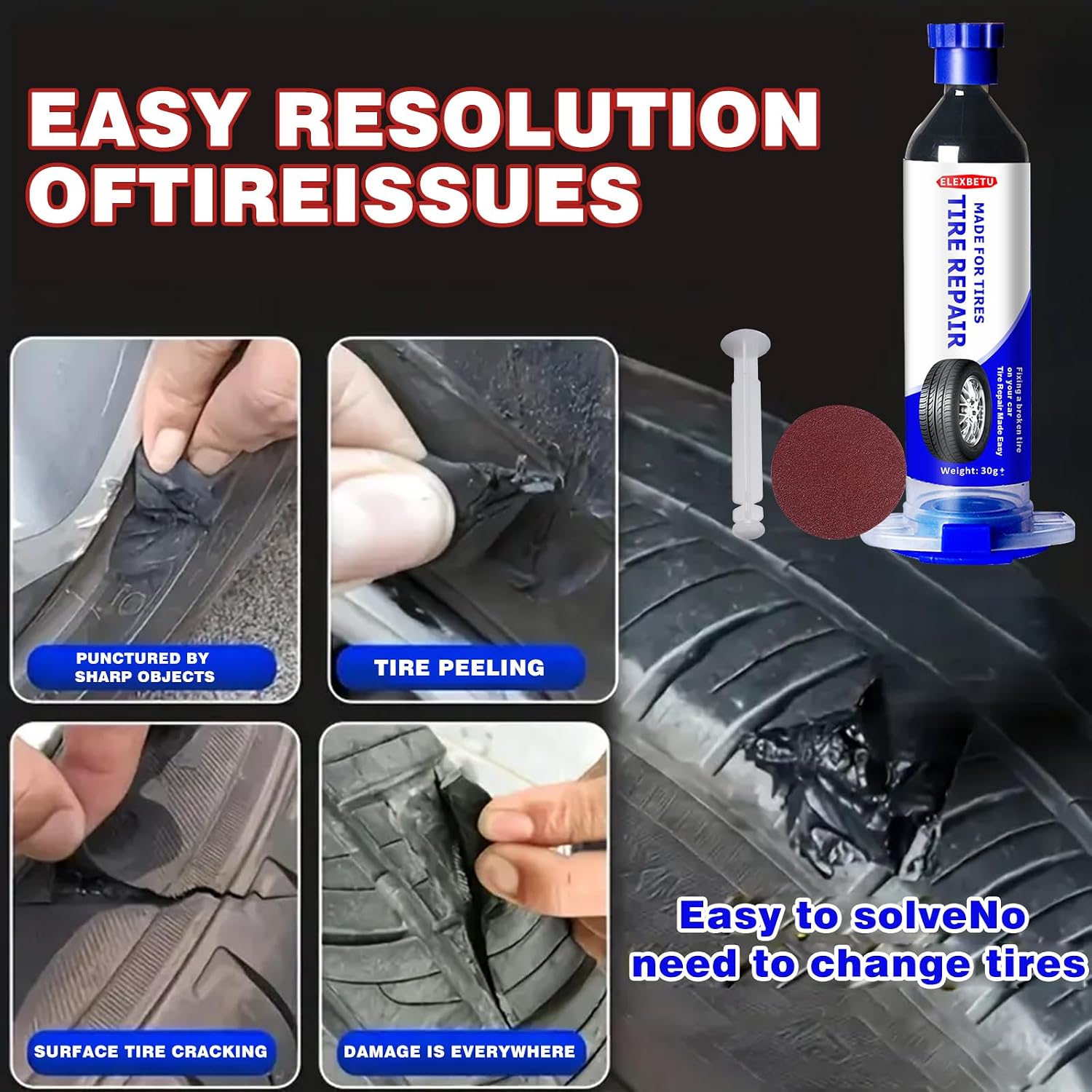 Tire Repair, Tire Repair Glue, Black Rubber Cement for Minor Tire Sidewall Scratches, Tire Rubber Filler Adhesive for Car, Motorcycle, Bike, ATV, Truck, Lawn Mower Tires, Waterproof Flexible Paste