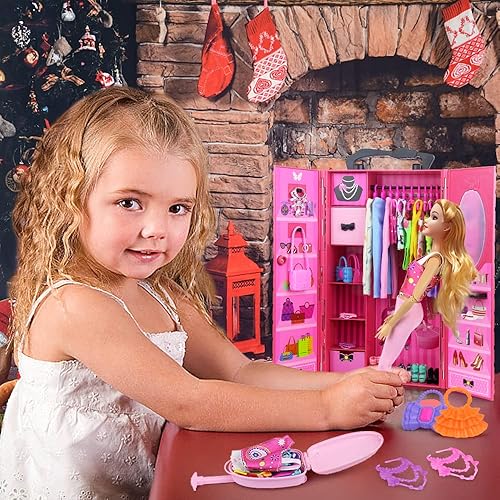 Miniatura 5 de ZITA ELEMENT Armario de muñecas de 11.5 pulgadas con ropa y accesorios, juego de 101 piezas, incluye armario, maleta, vestidos, trajes de baño,
