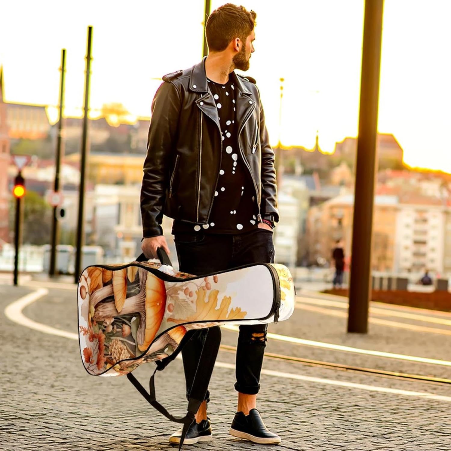 40 41 42 Inch Guitar Bags, Waterproof Padded Acoustic Guitar Case Backpack with Adjustable Shoulder Strap & Pockets, Watercolor Herbs Leaves and Mushrooms