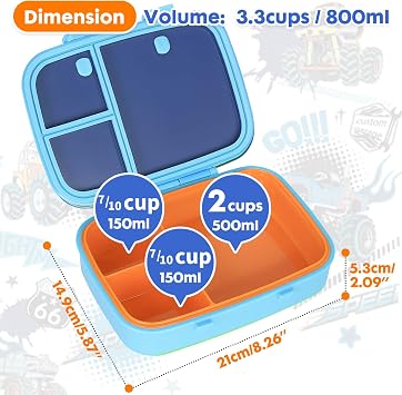 PinkSheep Bento Lunch Boxes for Kids, 800ml BPA-Free Leak-Proof Children Food Containers with 3 Compartments (Racing)