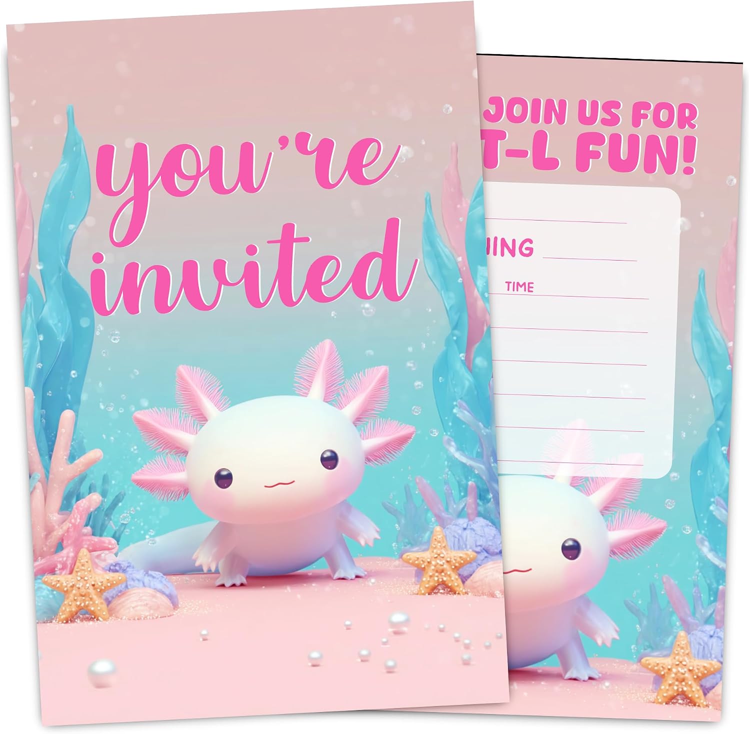 VIVORA Axolotl Birthday Invitation Card for Girls, Pink Axolotls Theme Birthday Party Invites, 30 Cards & 30 Envelopes, 4x6 Inches, Double-Sided