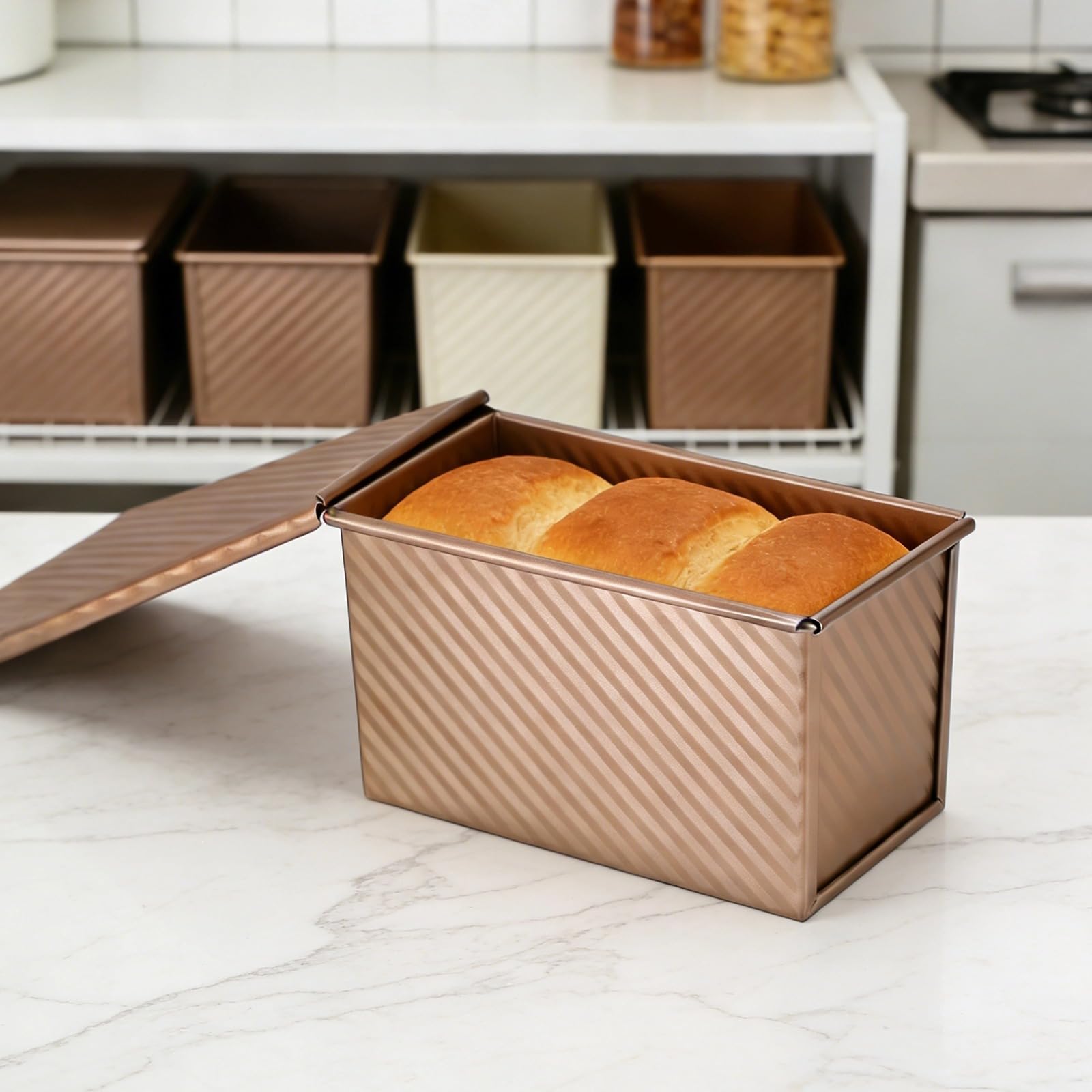 Carbonstahl-Pullman-Kastenform mit Schiebedeckel, 31,7 x 12 x 11,2 cm, Roségold, 750 g Fassungsvermögen, für selbstgemachtes Toastbrot, Brotbackform, ofenfest bis 446 ℉