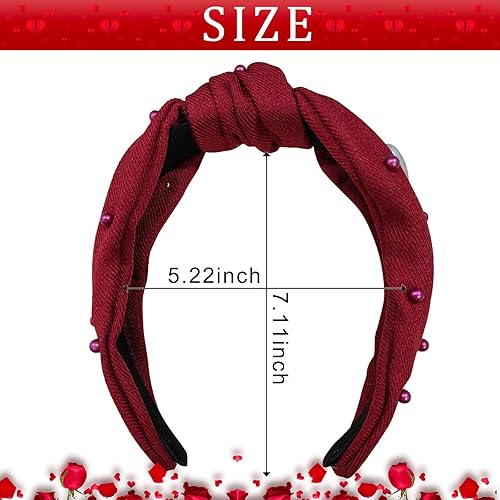 Miniatura 5 de Totelux Diadema de corazón de San Valentín, banda para el cabello anudada roja, cuentas de perlas de amor, antideslizantes, nudo superior,