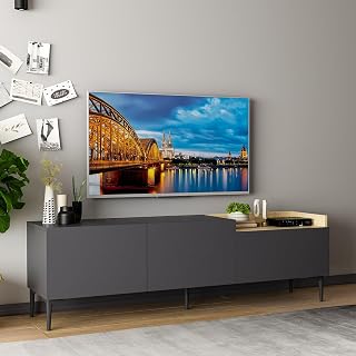 Dmora Mobile Porta TV Kovara 160x37x48h cm Nero Antracite 3 Ante Apertura a Ribalta, 3 Vani