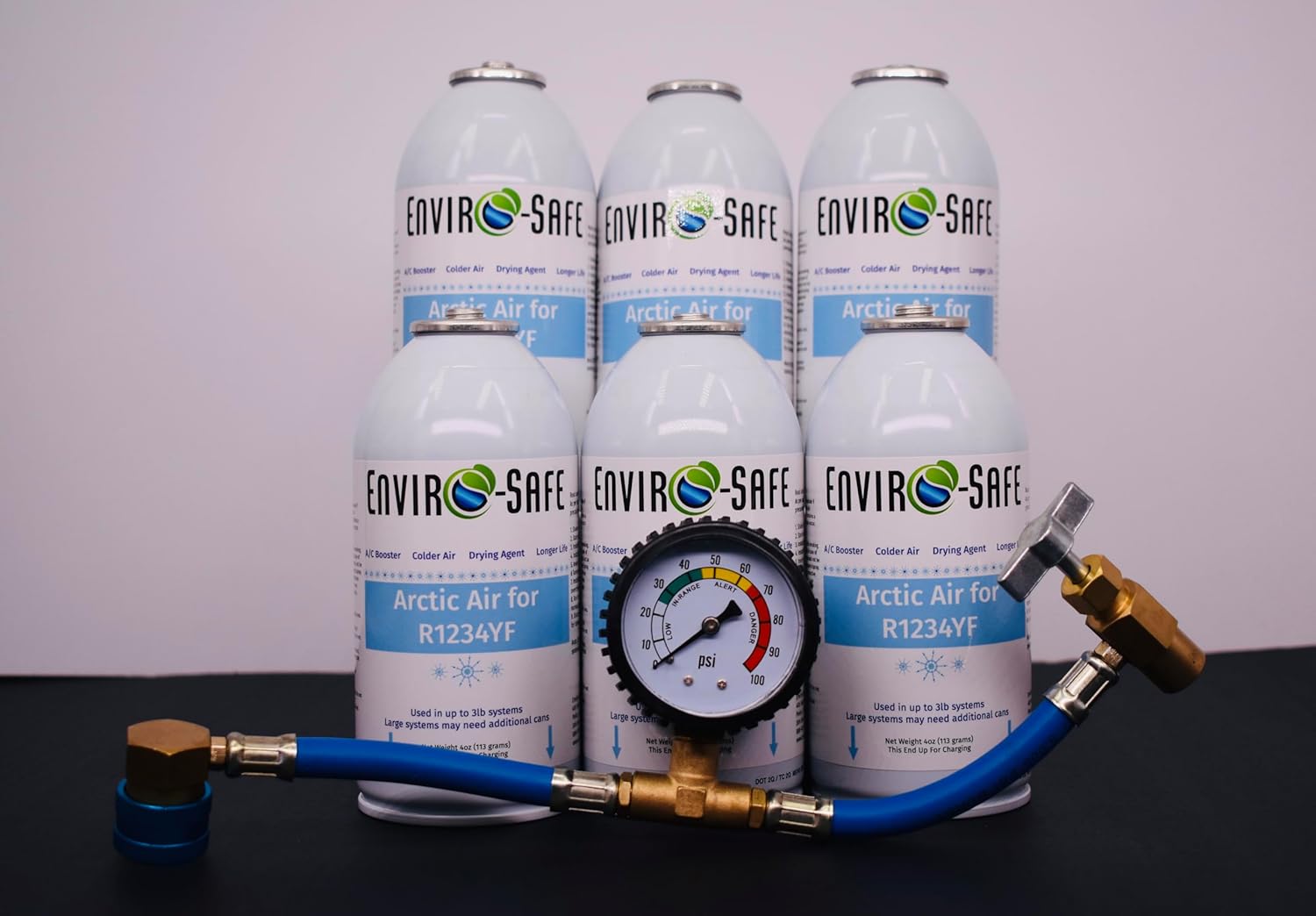 ENVIRO-SAFE Arctic Air Moisture Remover for R1234YF Systems – A/C Booster Additive – 6pk-4oz-Charging Gauge
