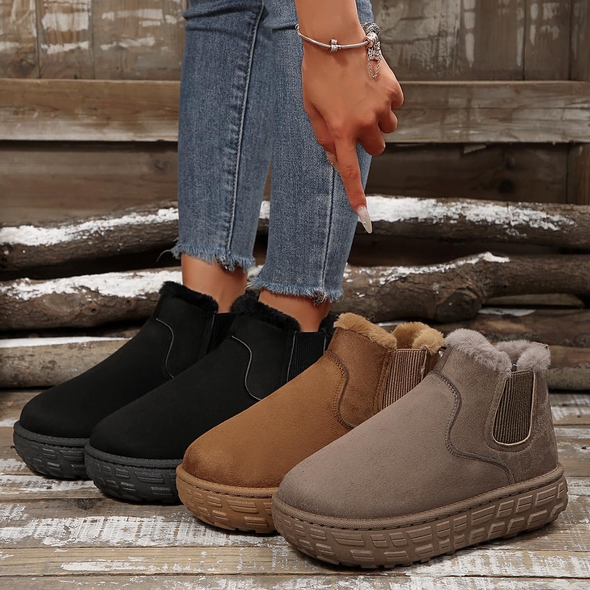 Harssidanzar Women's Suede Plush Ankle Boots with Faux Fur Lining EVA Sole Winter Boots CL205US