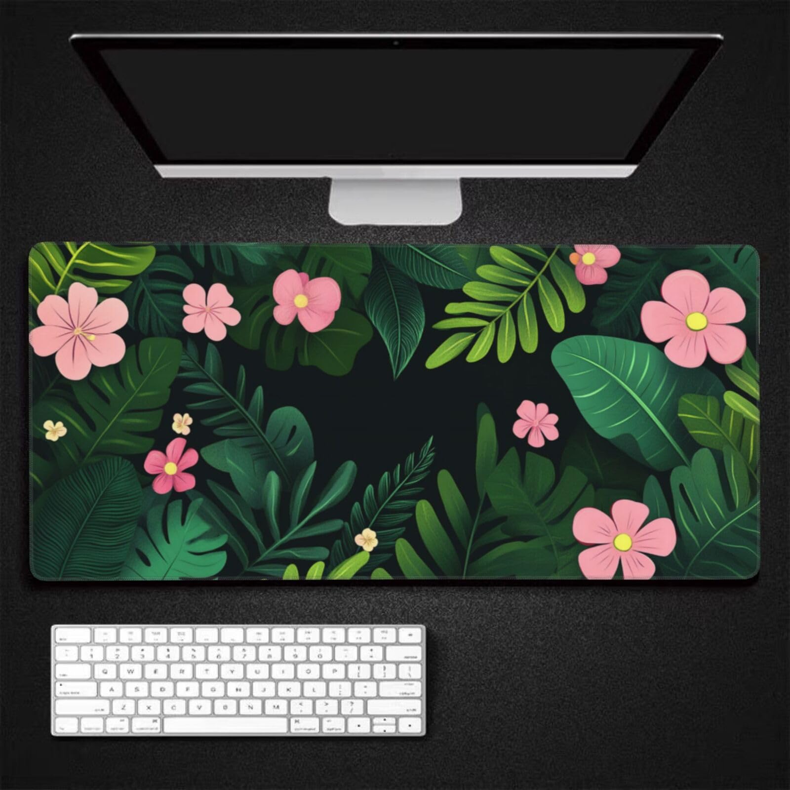 Tapis de Souris XXL 90 x 40 cm, Feuille Verte & Fleur Tapis de Bureau G663