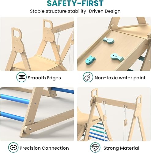 Miniatura 4 de BlueWood Gimnasio de la selva interior 4 en 1, juego de escalada plegable de madera con columpio, tobogán, escalera y pared de escalada, juego