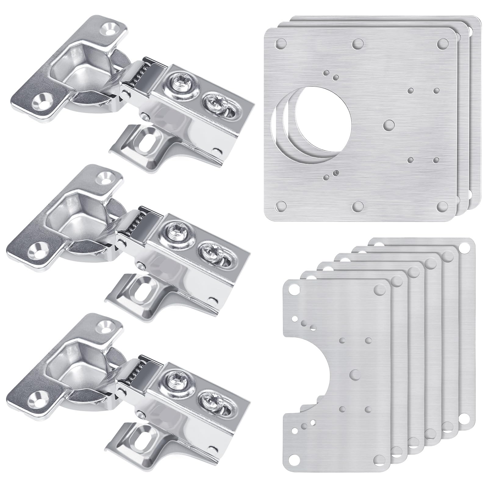 4pcs Cabinet Hinge Repair Plate Set ,Stainless Steel Hinge Repair Kit,Kitchen Cupboard Door Hinge Repair Brackets,Household Fixing Plate with Mounting Screw (3 Repair Panels+3 Hinges+54 Screws)