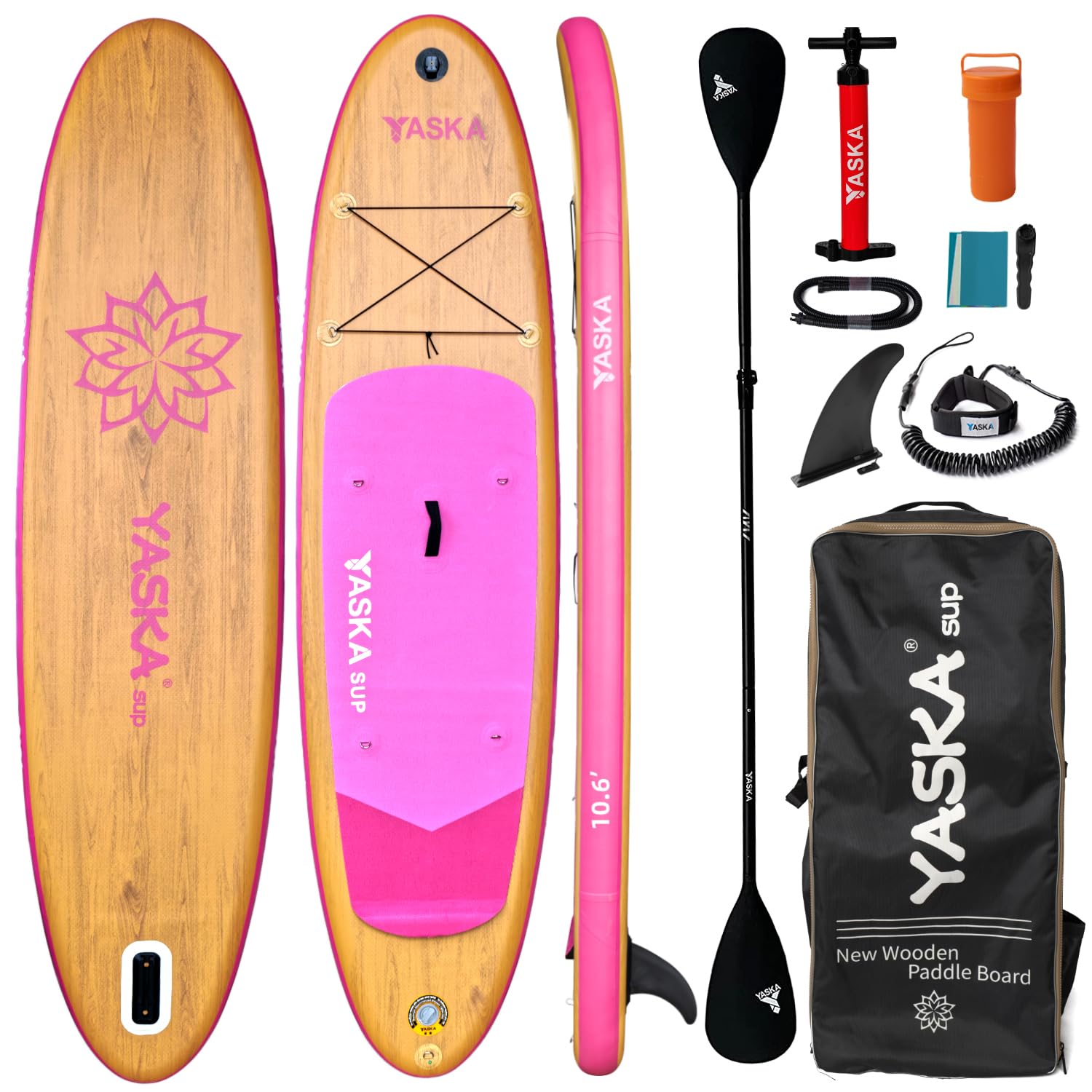 10.6ft Inflatable Stand Up Paddle Board- SUP Board for All Skill Levels with SUP Accessories & Fiberglass Paddle,Fin, Leash, Double Action Pump and ISUP Travel Backpack for Youth & Adult (Pink)â€¦â€¦â€¦â€¦