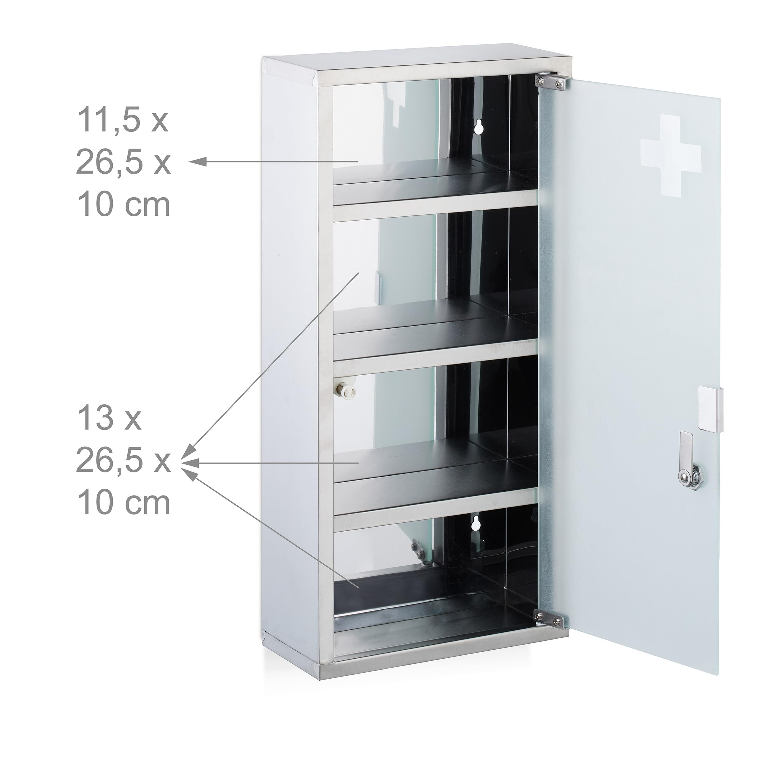 Relaxdays Armoire à Pharmacie, 4 Compartiments, Acier Inoxydable et Verre Opale, H x L x P : 57 x 27 x 12 cm. argentée