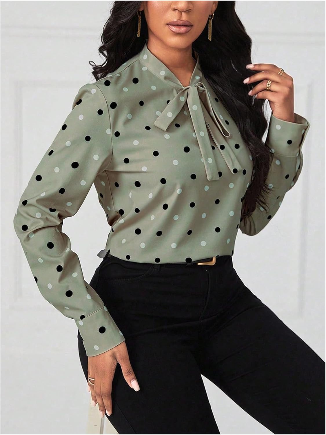 Floerns Women's Elegant Polka Dots Tie Neck Blouse Tops Long Sleeve Dressy Casual Outfit - Image 5