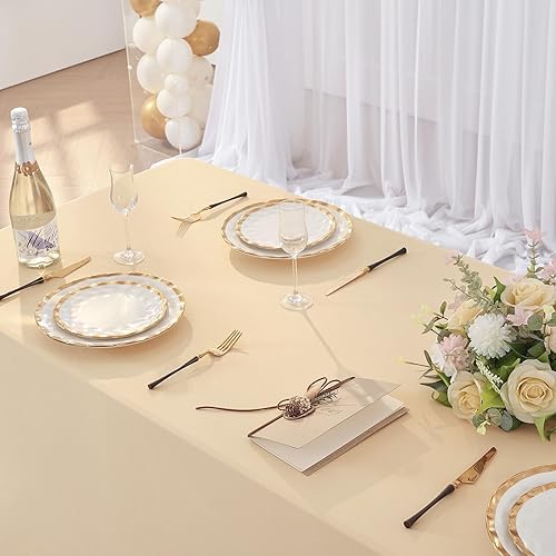 Miniatura 4 de Mantel de 3 lados de elastano champán de 6 pies para mesas rectangulares, resistente a las arrugas, elástico, para fiestas, banquetes, eventos,