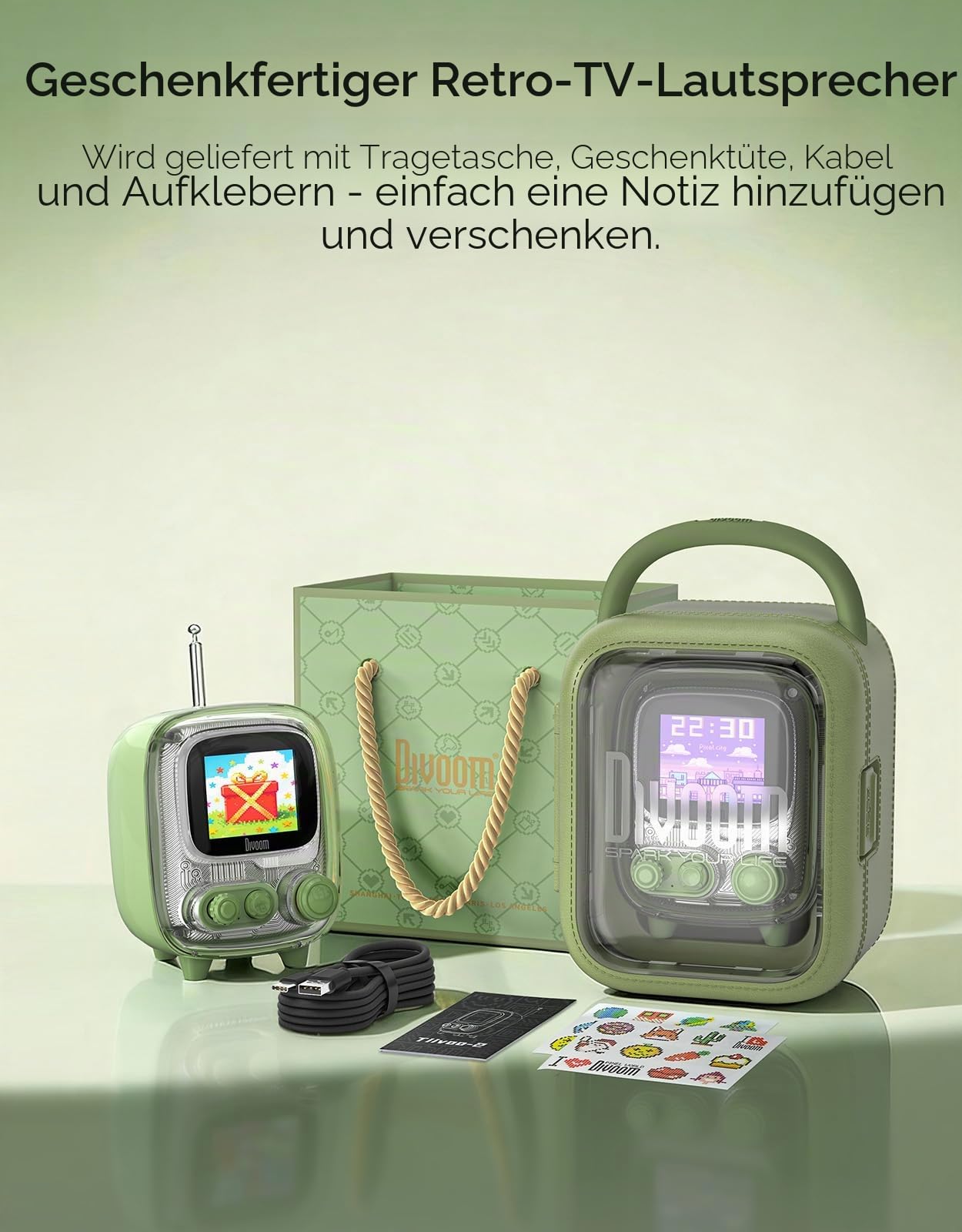 Divoom Tiivoo-2 tragbarer Bluetooth-Lautsprecher mit FM-Radio, Pixel Retro Mini Cute Wireless Speaker, geeignet für Schreibtisch, Büro, Schlafzimmer, Geschenke für Frauen und Männer, grün