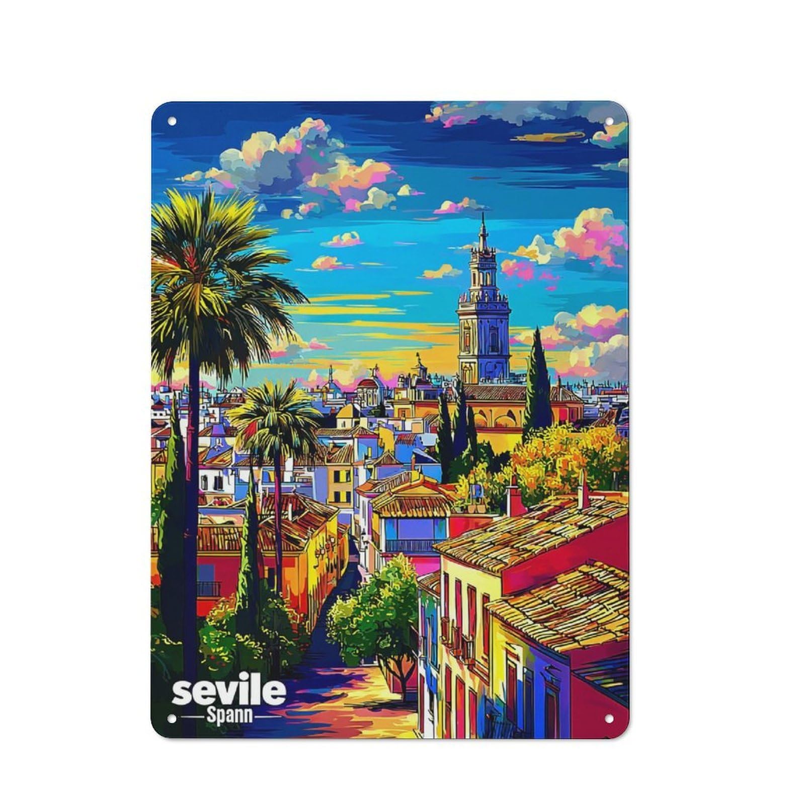 Junmoney Colorful Seville Skyline With Palm Trees Vintage Metal Sign 40X30cm, Bistro Style Bistro Wall Plaque For Cafe, Bistro, Bakery Or Restaurant