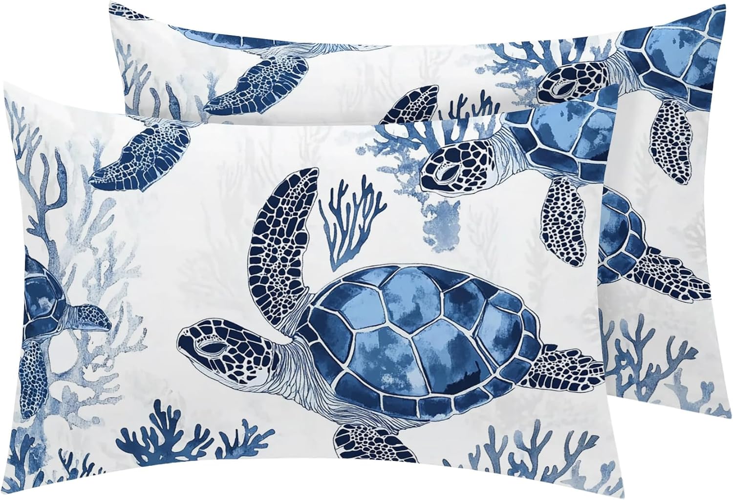 Sea Turtle Pillow Cases King Size Set of 2 - Soft Breathable Microfiber Pillowcases with Envelope Closure, Ocean Animal Coral Patterned Pillow Covers, Turtle Decor