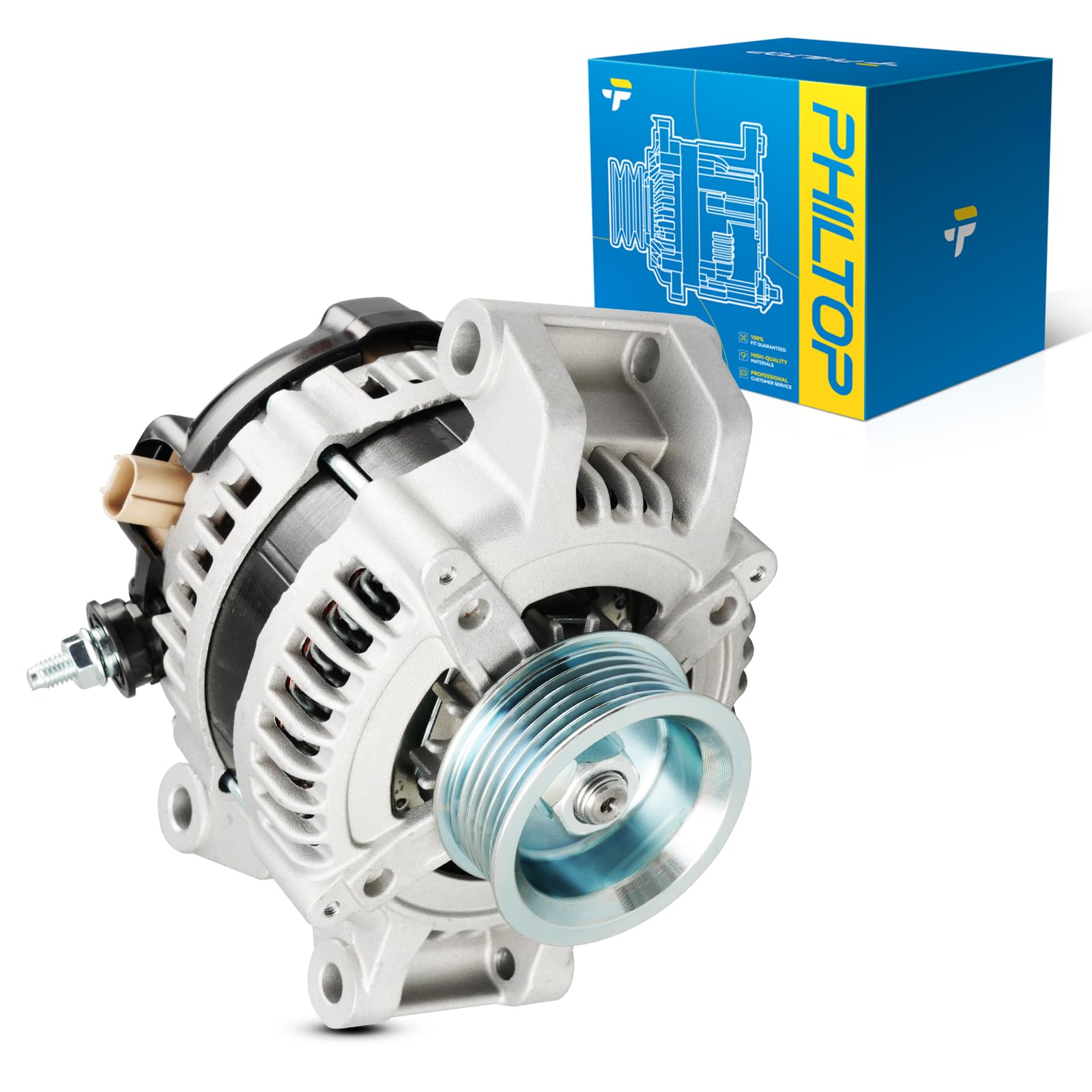 PHILTOP New Alternator Compatible With 01-06 Chrysler Sebring 2.7L V6, 01-06 Dodge Stratus 2.4L L4, 01-06 Chrysler Sebring 2.4L L4, 01-06 Dodge Stratus 2.7L V6 13868N 12V 120Amp CW 6-Groove Pulley
