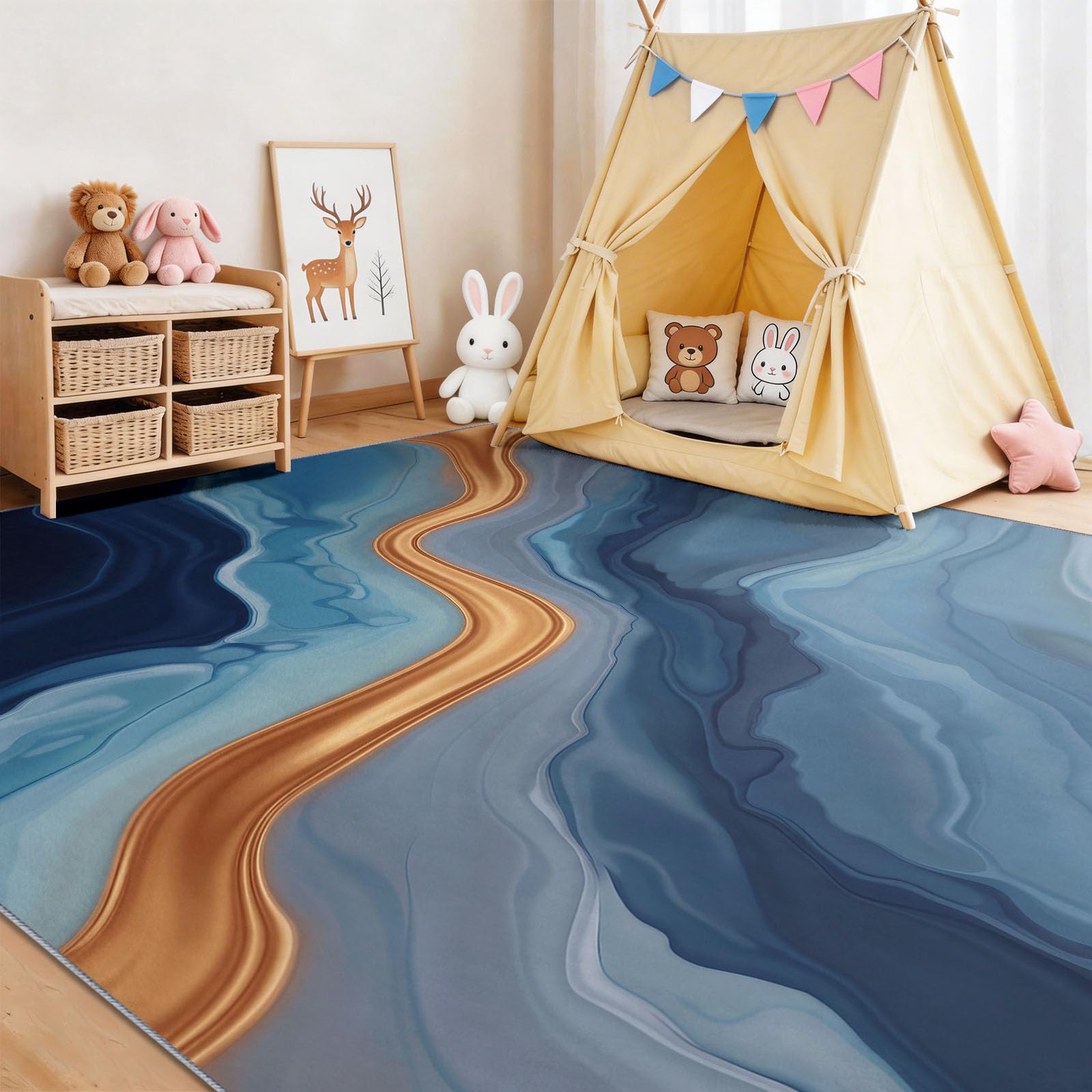 Tapis D'Appoint Abstrait Rayures 120 x 180 cm, Doux Lavables Antidérapant Enfants Adultes, Bleu Moderne Décoratif Tapis pour Salon Chambre Jeux