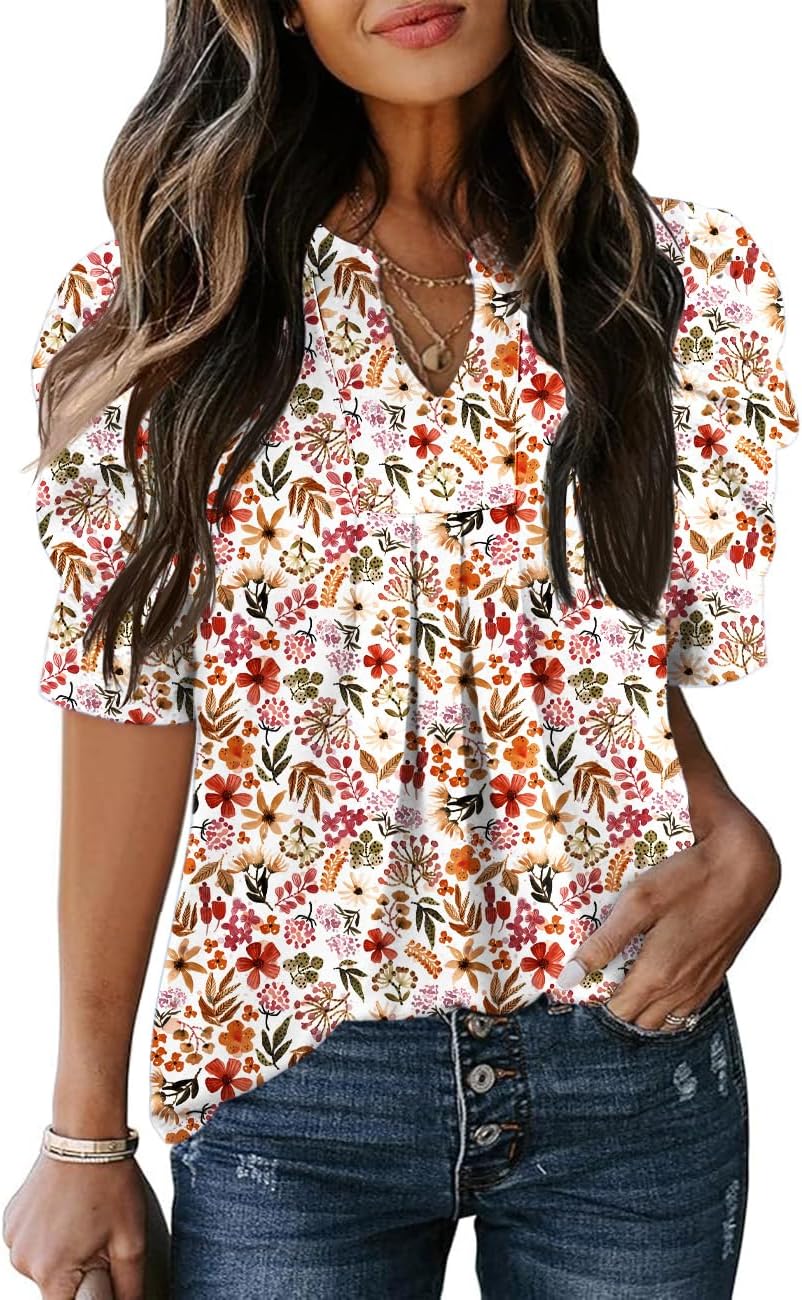 Women's Puff Short Sleeve Shirt V Neck Summer Tops Casual Fashion T Shirts Loose Fit Blouses