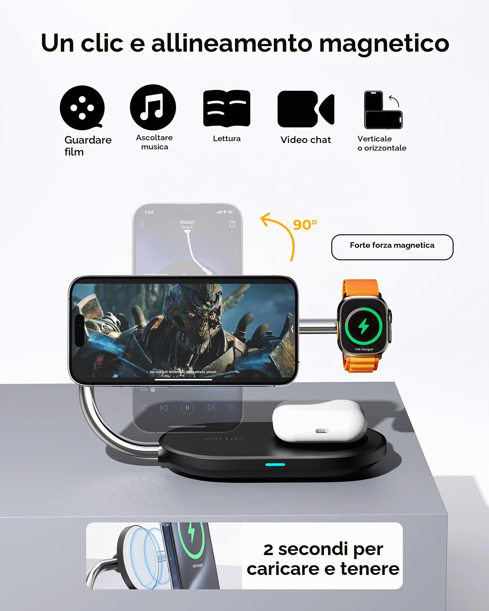 VOLTME 3 in 1 Stazione di ricarica wireless magnetica USB-C a ricarica rapida, stazione di ricarica multifunzione compatibile con induzione, caricabatterie rapido per iwatch ultra, airpods e iphone 16