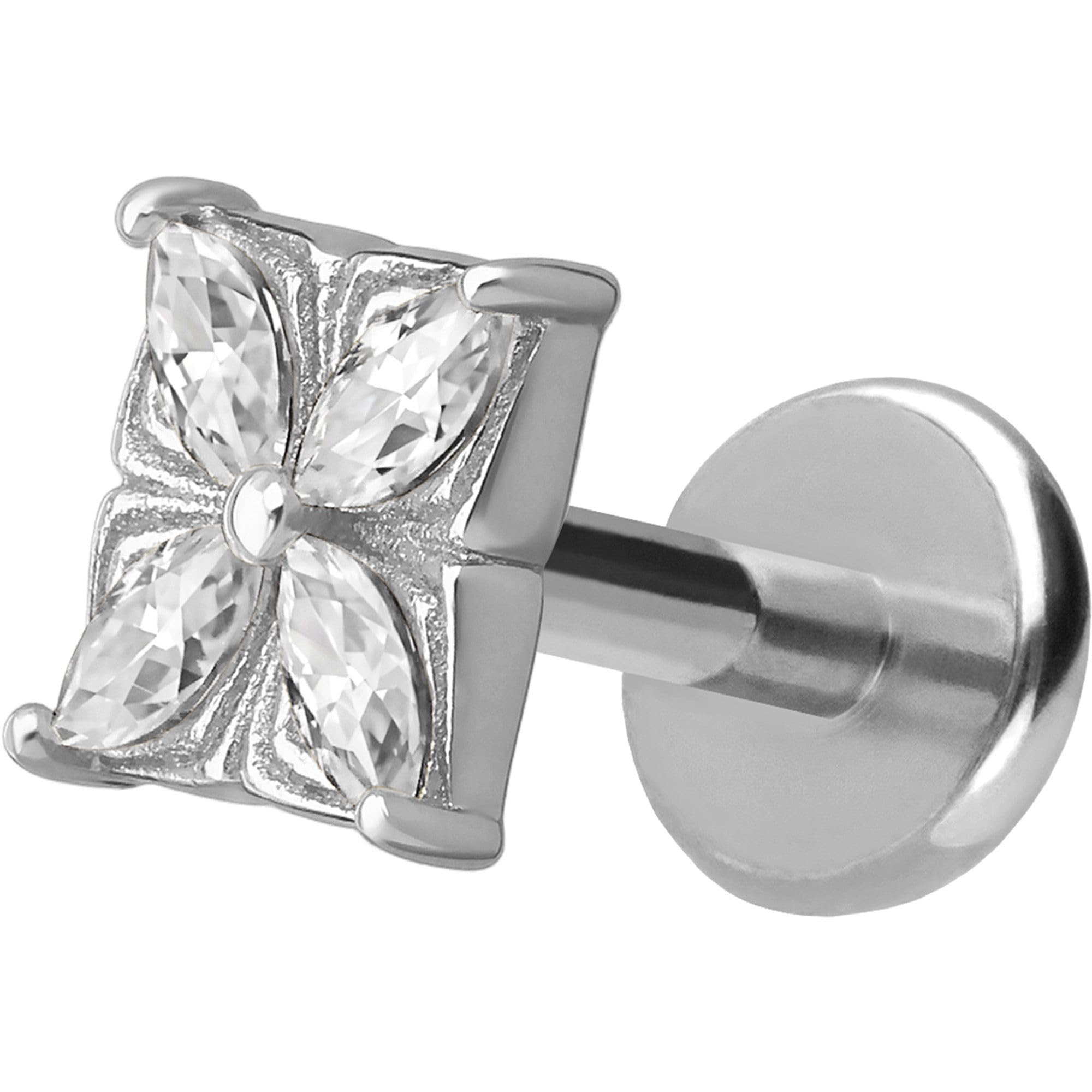 PIERCINGLINE Piercing Stecker Titan Labret mit Innengewinde + 925er Silber Aufsatz MOISSANIT-BLUME - Goldfarben, Silberfarben