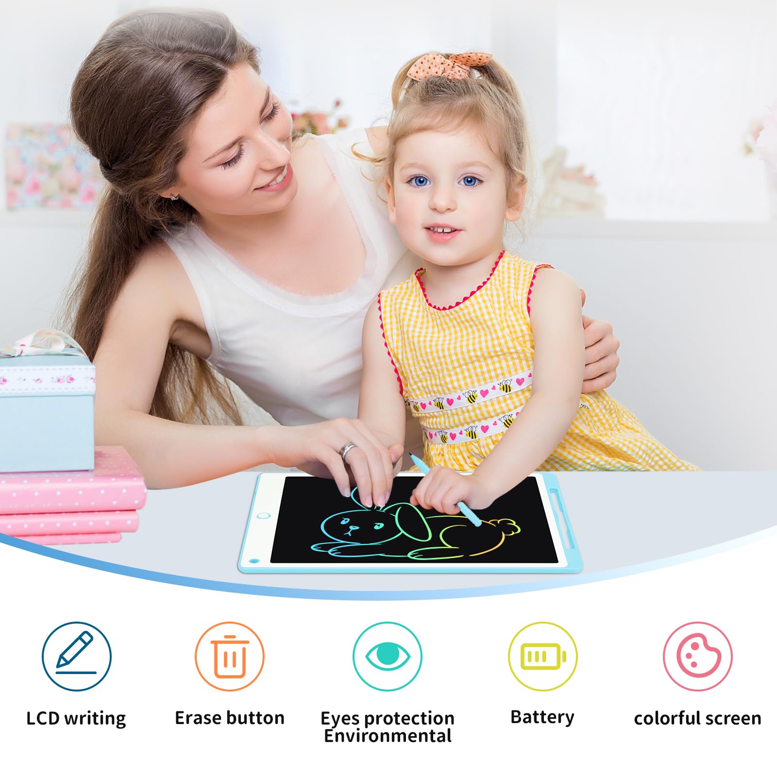 Tableta Escritura LCD Color 13 Pulgadas, Tablet Escritura Niños, Pizarra Digital con Botón De Eliminación de Pantalla e Interruptor de Bloqueo para Juegos para 2 3 4 5 6 7 Años, Azul