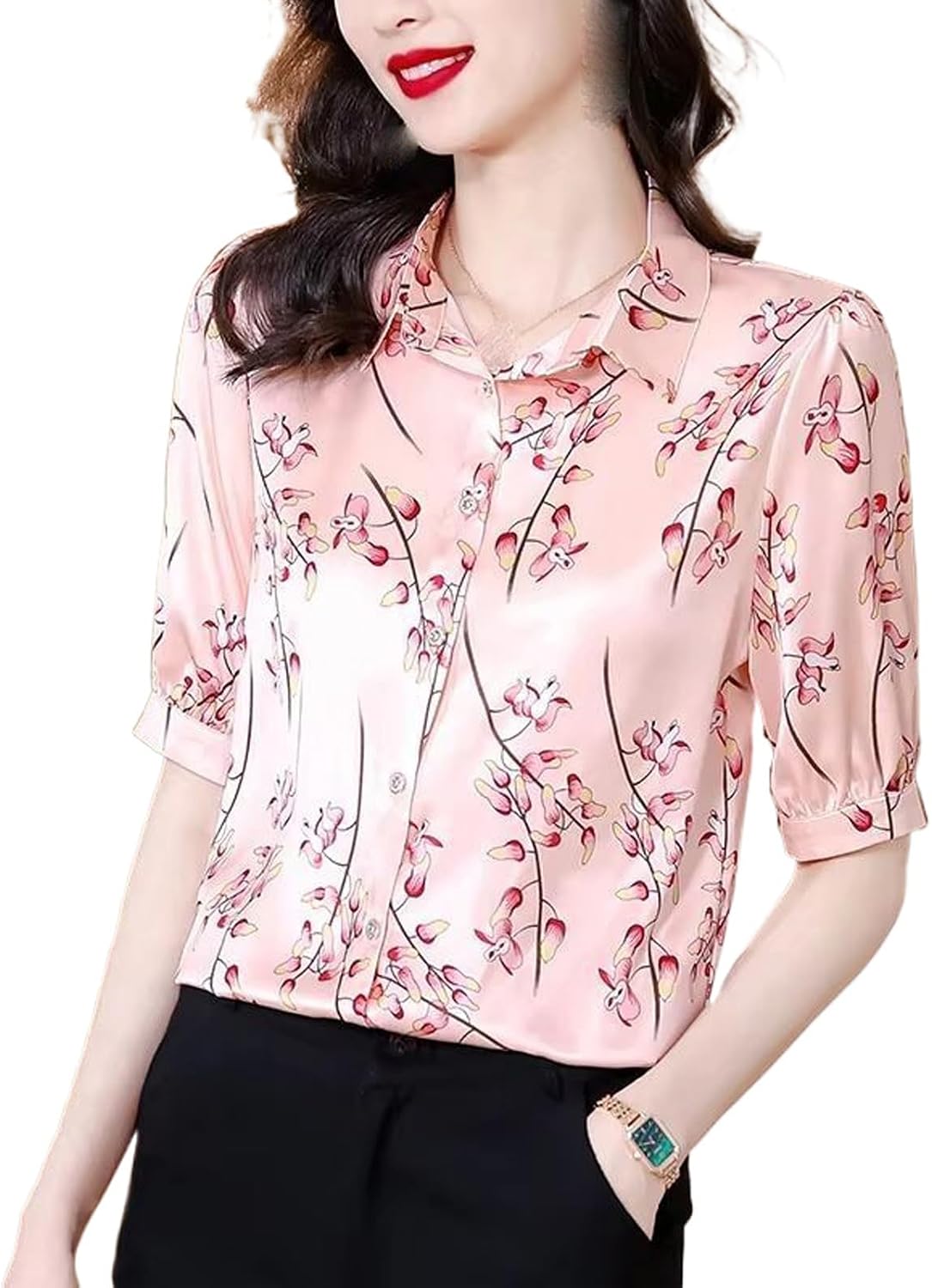 Women's Summer Printed Satin Blouse Office Lady Short Sleeve Shirt Outwear Top Casual Clothes