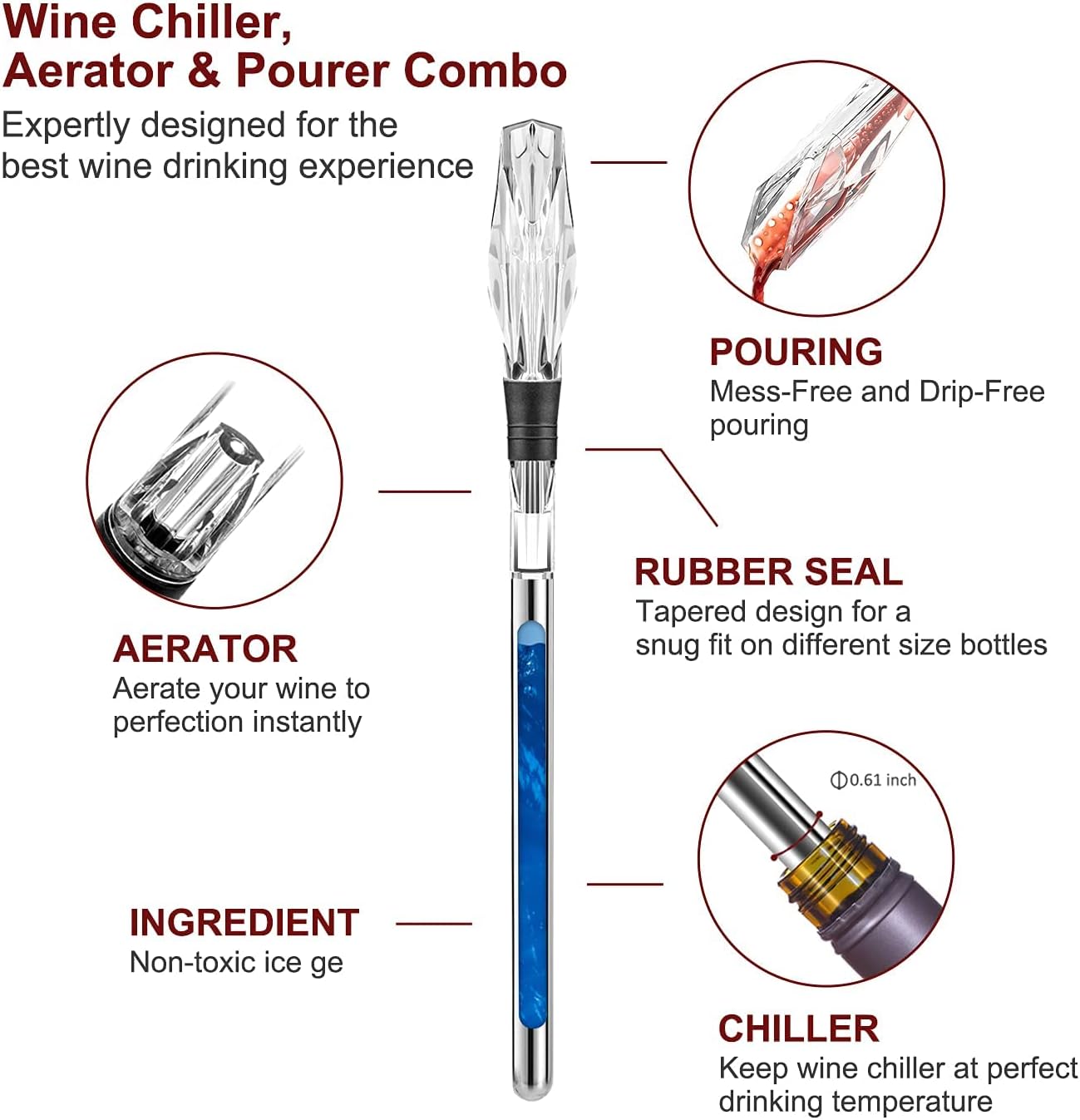 Premium Wine Chiller Stick, Diamond-Cut Acrylic Head, Aerator Pourer | Premium acrylic diamond-cut head, iceless chilling aerator, gift for wine lovers, housewarmings, birthdays & holidays.