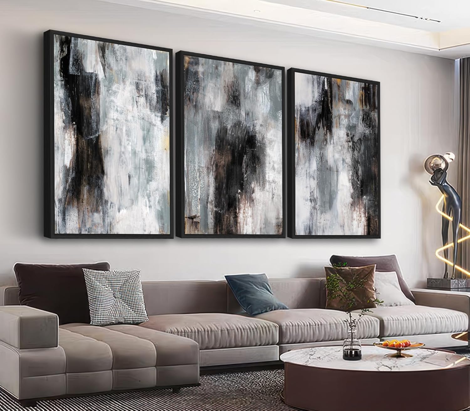 Large Framed Abstract Wall Art - Rustic Grayscale Painting Prints 24"x36" Set of 3, Minimalist Brushstroke Artwork Modern Industrial Canvas Pictures for Living Room Bedroom Office Decor