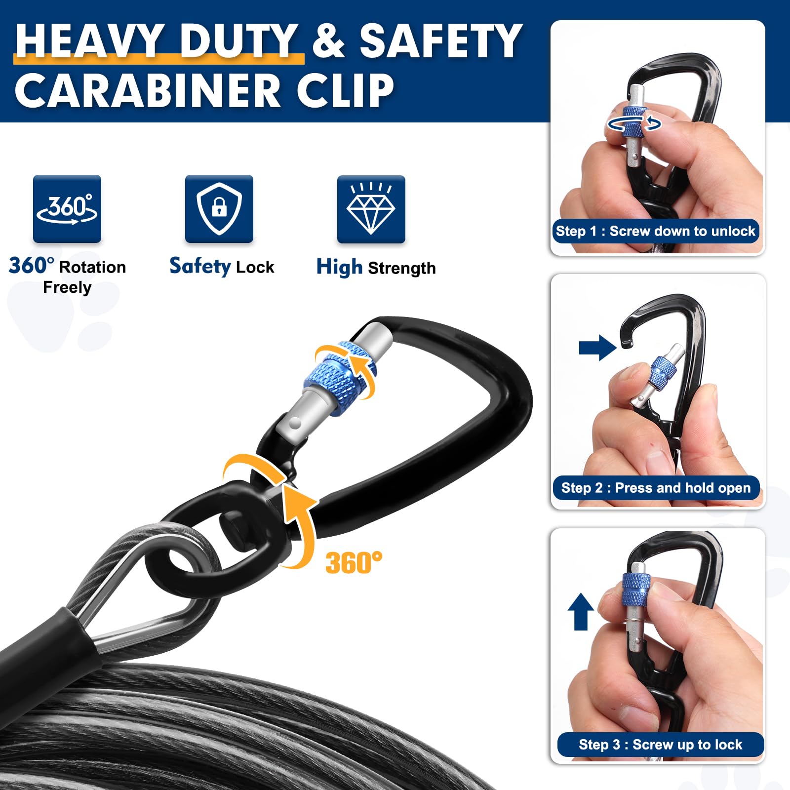 Snagle Paw Correas de perro para patio de 50 pies a 1000 libras de resistencia a la rotura, amarre resistente, cable de correr para perros medianos y grandes con gancho giratorio con bloqueo y resorte