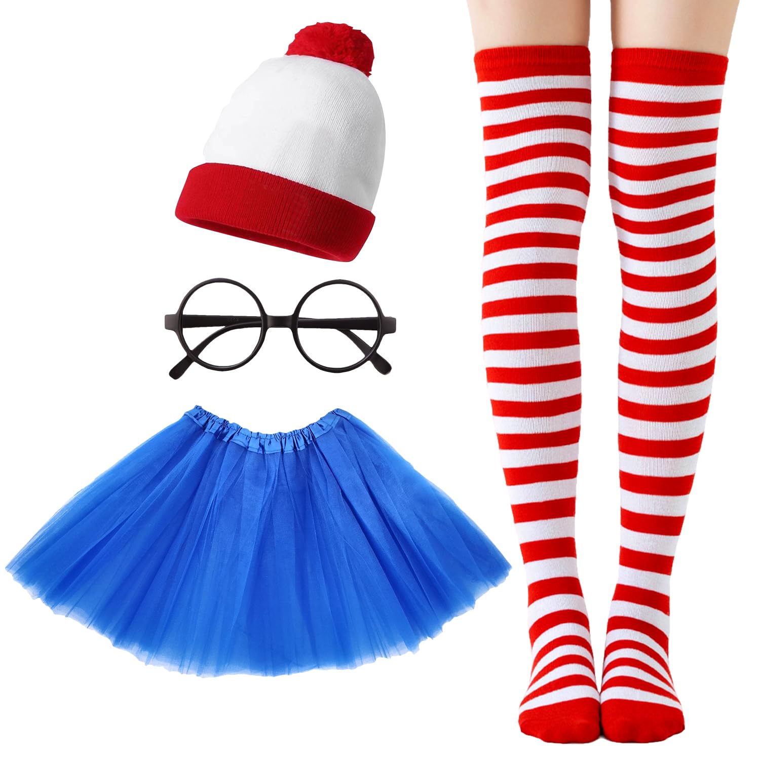 AOVNA 4pcs Wally Adult Fancy Dress Costume Set Red and White Beanie Hat Socks Black Glasses Blue Tutu Skirt for Book Week Dress Party
