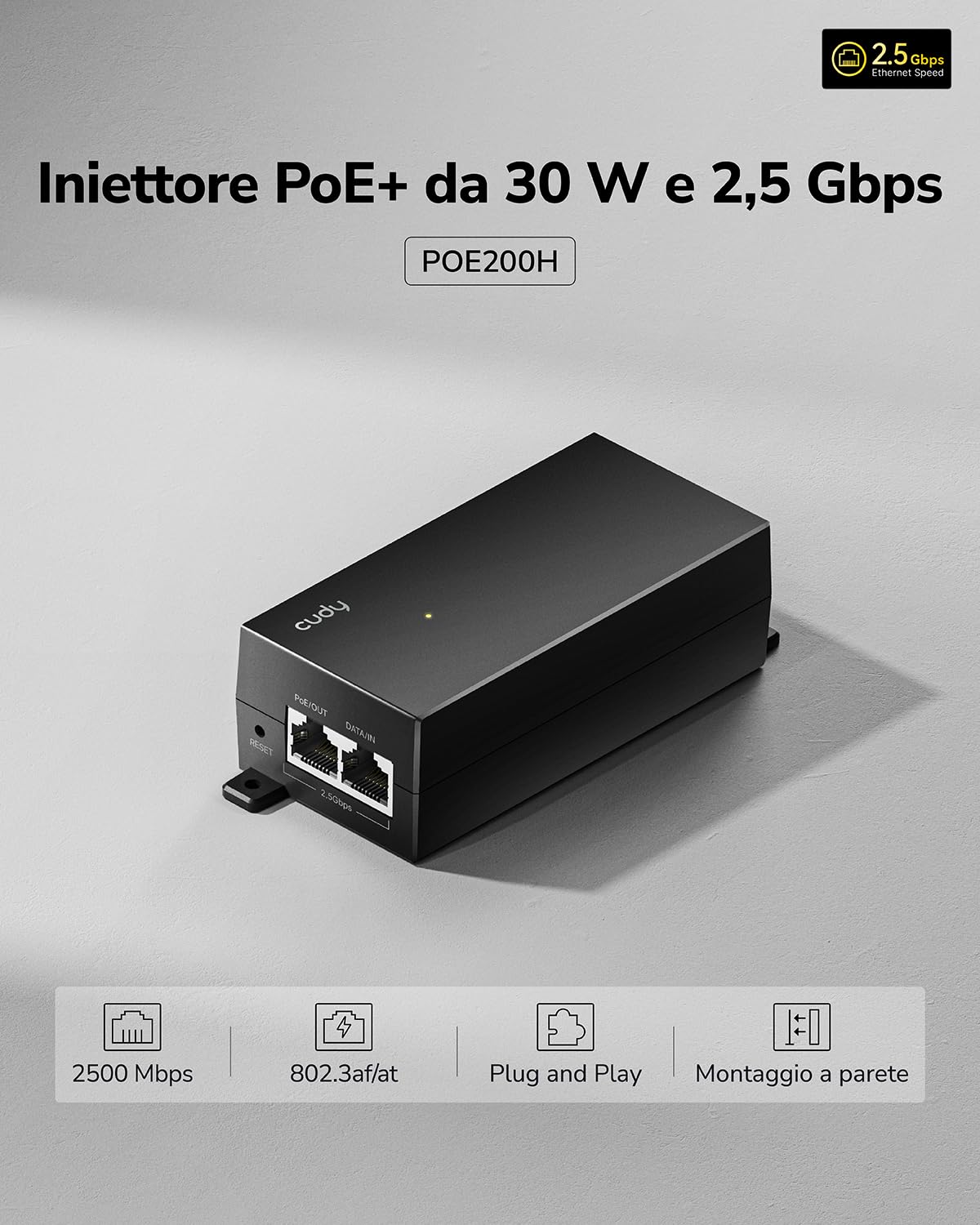 Cudy Adattatore iniettore PoE+ da 30 W, 2,5 Gbps, 30 W, 2500/1000/100 Mbps RJ-45, conforme IEEE 802.3af/802.3at, fino a 100 metri (325 piedi), PoE200H