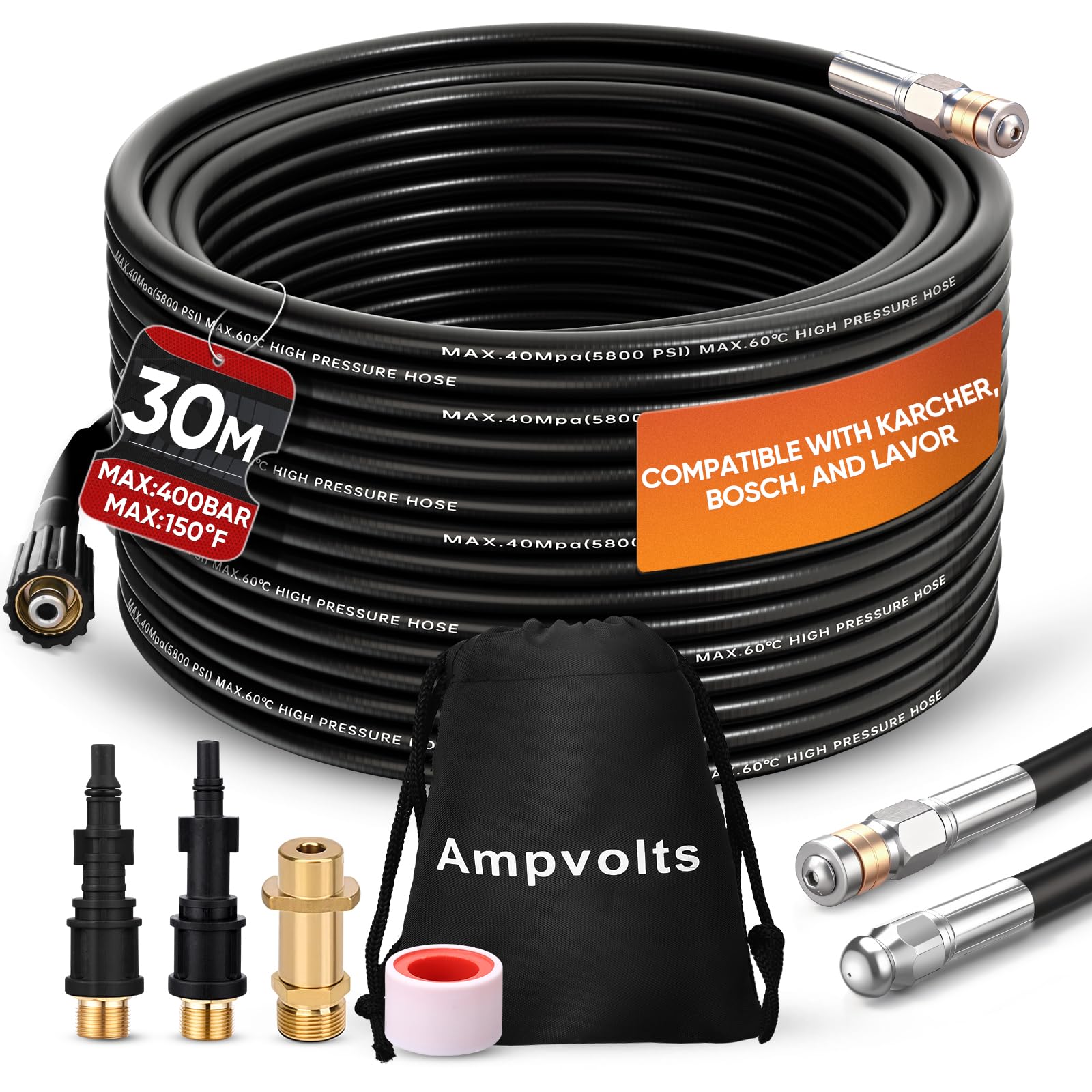 Sonda Sturalavandini Per Idropulitrice – Tubo 8 M, 400 Bar/5800 PSI, 3 Adattatori, 2 Ugelli, Compatibile Con Kärcher, Lavor, Bosch E Parkside