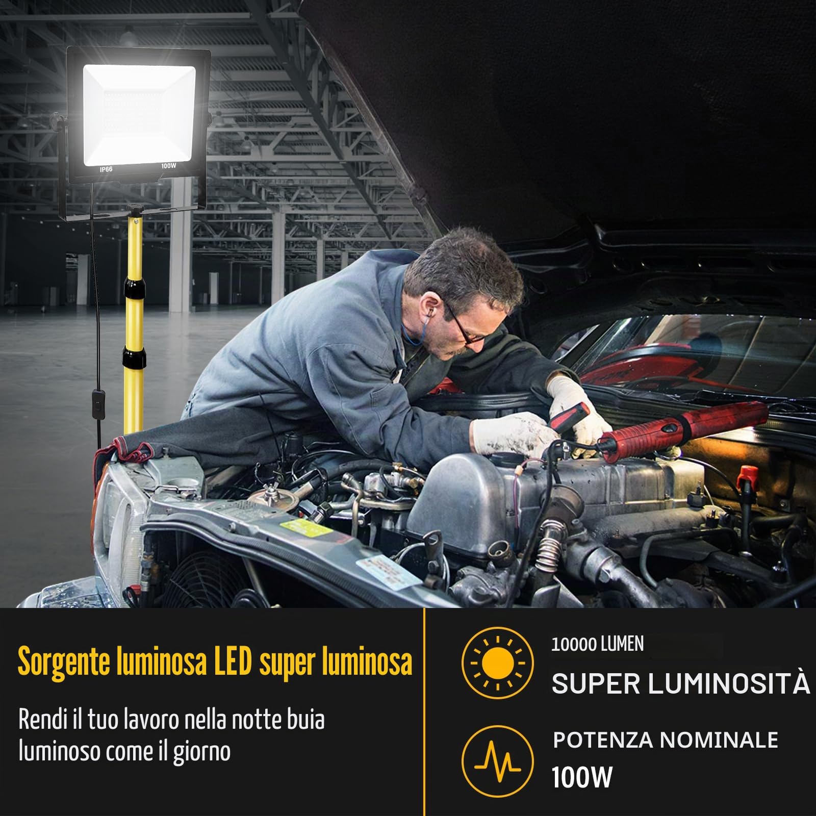 Willpower Treppiede Faretto da Cantiere 100W Faro da Lavoro LED Esterno | Faro LED 10,000LM, Con Spina, 6000K Bianco, Impermeabile IP65, Proiettore LED per Interni Officina Garage Industriale