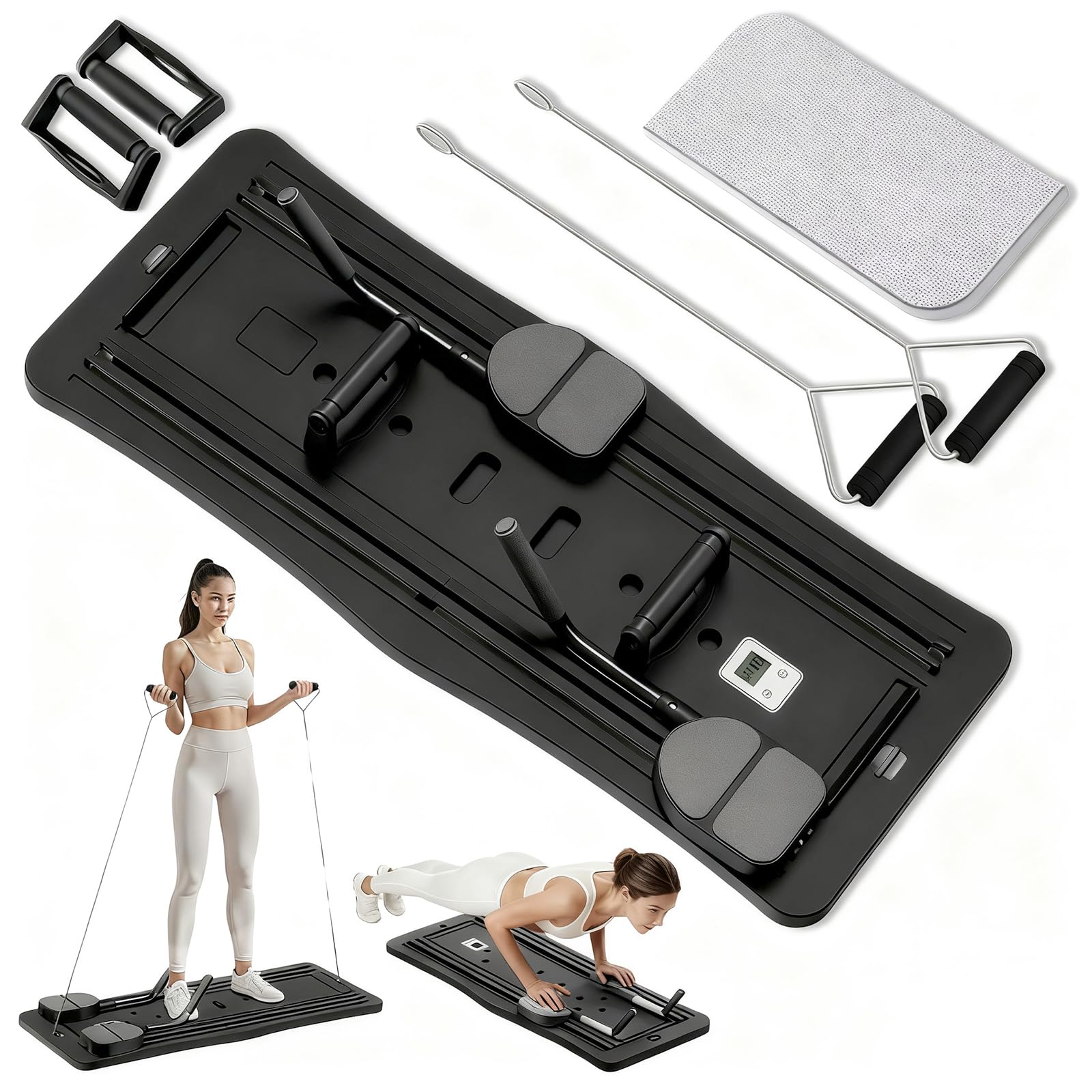 Roadtime Reformateur Pilates 6 en 1 Amélioré Pliable Ensemble et minuteur,Compact de Plateau Pilates pour la Protection des Genoux et Entraîneur Multifonctionnel, Planche Abdominale avec Rebond BK