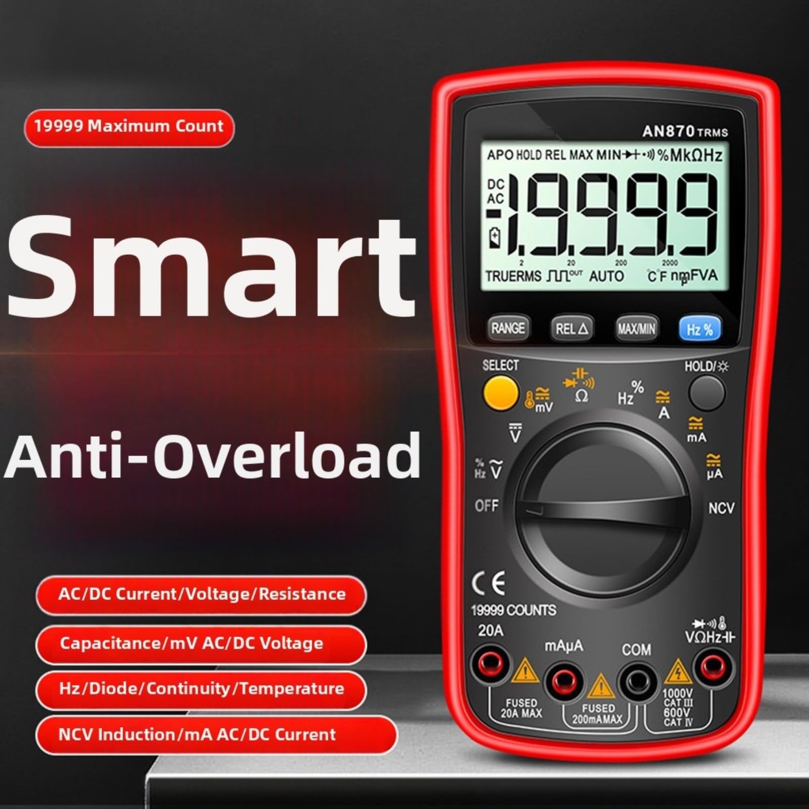 AN870 Multimetro digitale 19999 conteggi con funzione NCV schermo retroilluminato protezione da sovraccarico corrente AC DC Hz Duty Cycle per elettricista manutenzione officina uso verde
