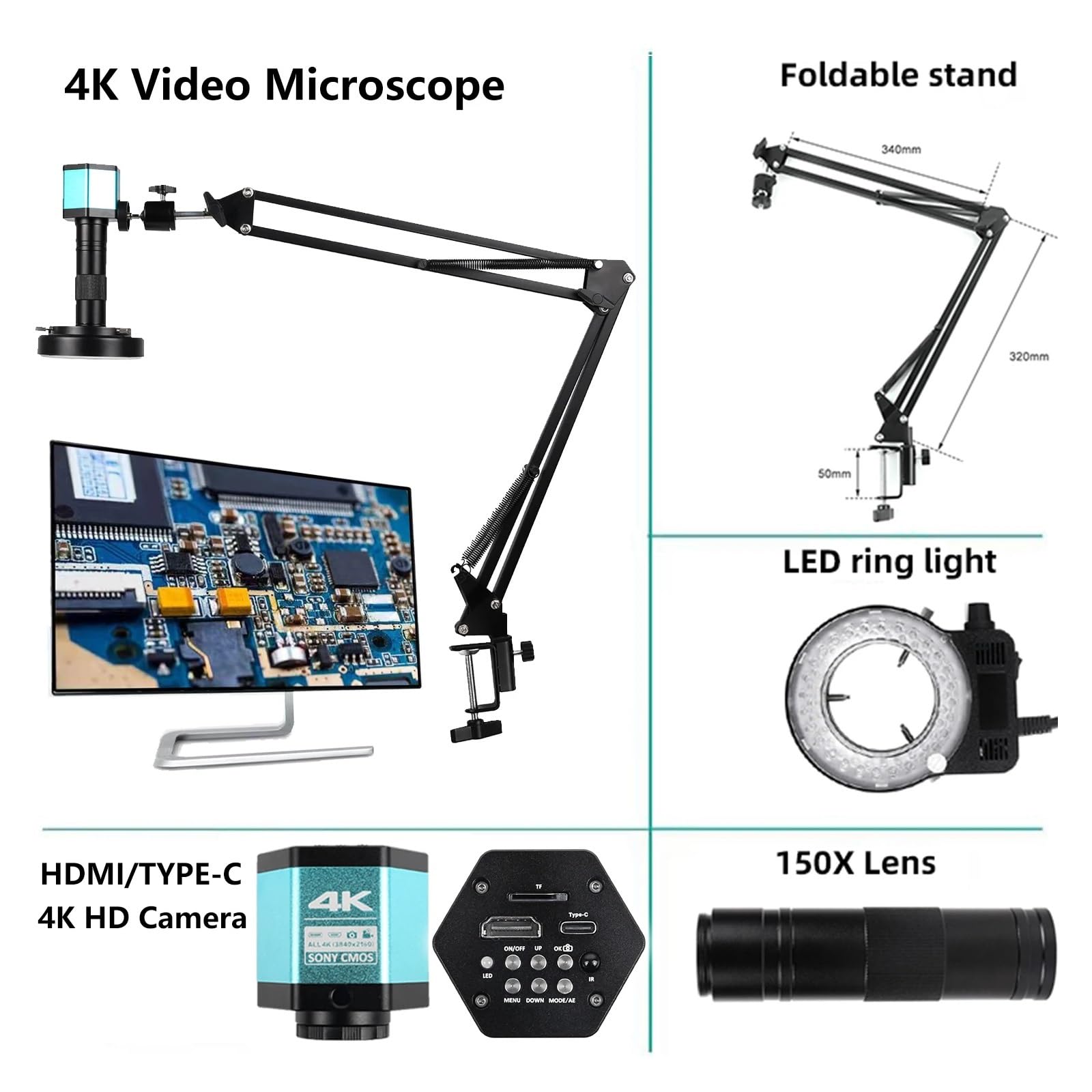 48MP 13MP 1080P Industrial Microscope 4K 2K HDM/I USB VGA Type-C Digital Camera 1-150X Zoom C Mount Lens For Soldering(HDMI TYPE-C Set B)
