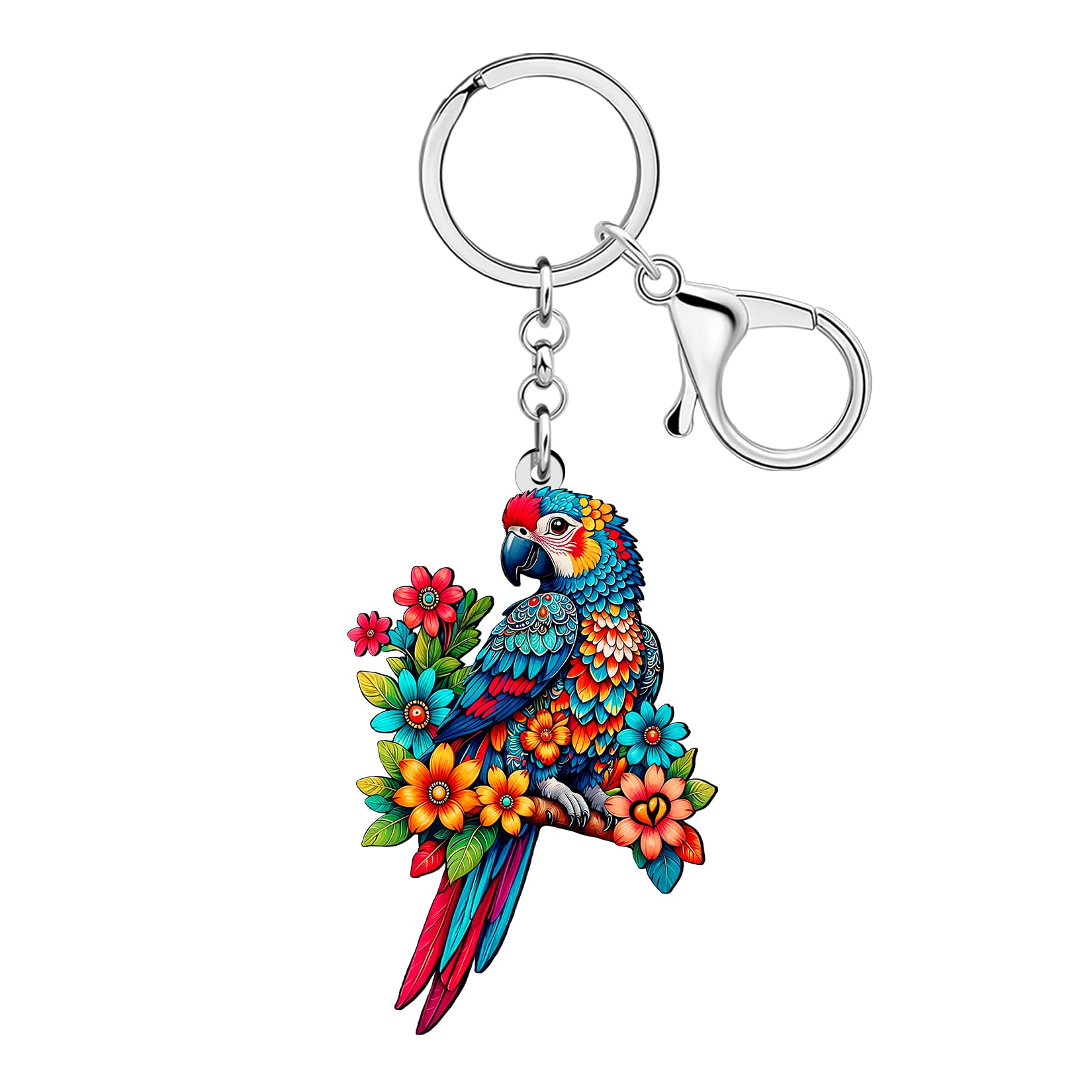 NEWEI Acryl Cute Hawaii Papagei Schlüsselanhänger Ara mit Tropischen Blumen Schlüsselring Vogel Geschenke für Vogelliebhaber Damen Zubehör