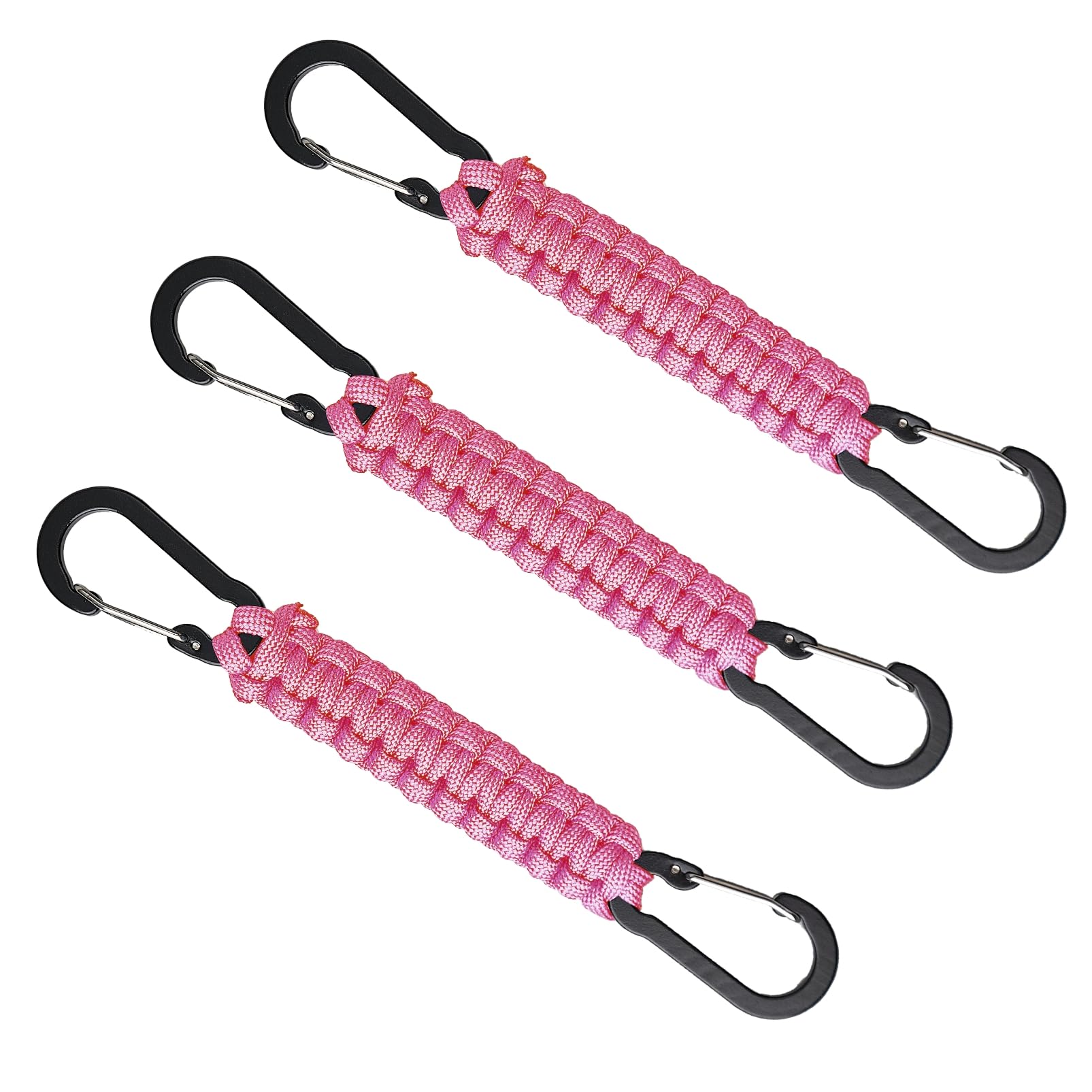 Paracord Keychain Carabiner Clips 3 Pack, Key Chain with Snap Hook Carabiner, Keyring Clips with D Ring Hooks Hangers, Heavy Duty Lanyard for Car Keys, Backpack, Tools, Or as A Key Organiser (Pink)