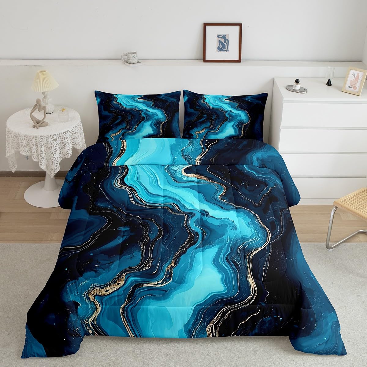 Blue Marble Marble Texture Bedding Set for Kids Boys Girls Abstract Art Modern Luxury Duvet Insert Double Size