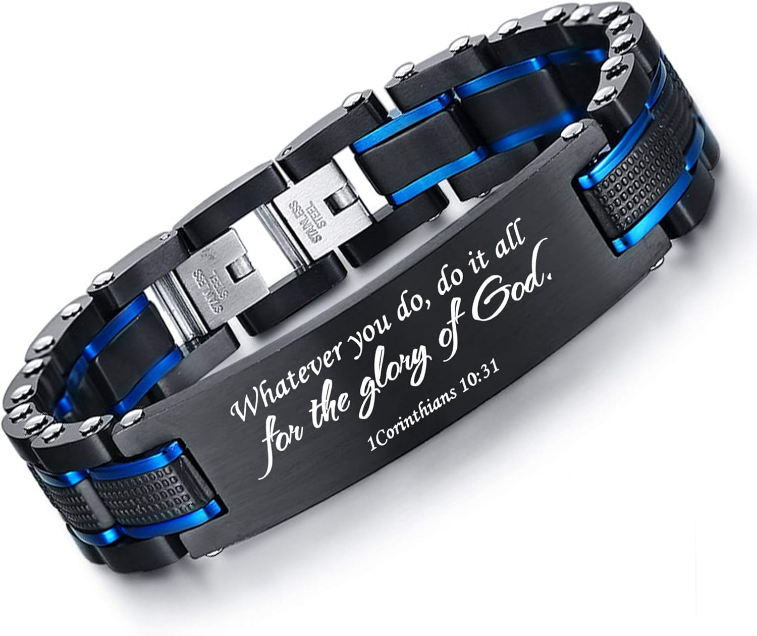 VNOX Personalized Religious Jewelry-Inspirational Christian Faith Bible Verse Quote Elegant Stainless Steel Two-Tone Blue&Black Link Bracelet Encouragement Gift for Men Boys Dad Son
