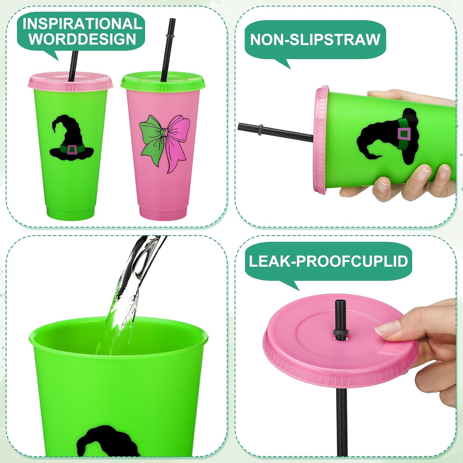Pickmesh 12 Pcs 24 oz Green and Pink Witch Plastic Cups with Lids and Straws Bulk Gift Reusable Coffee Cups Coffee Tumbler Decoration Birthday Wedding Baby Shower Party Supply - Image 3