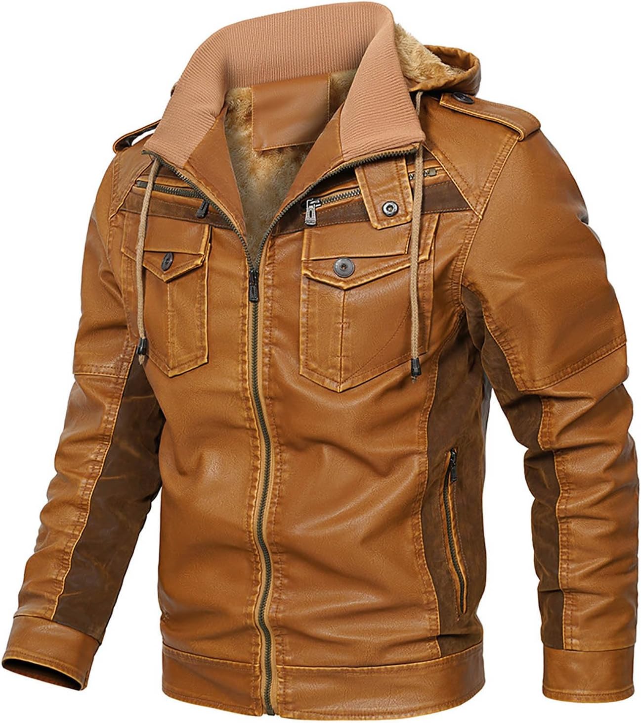 NATHGAM Mens Faux Leather Jacket Slim Fit Warm Fleece Lined Motorcycle Bomber Jackets Stand Collar Zipper Pocket Winter Coats