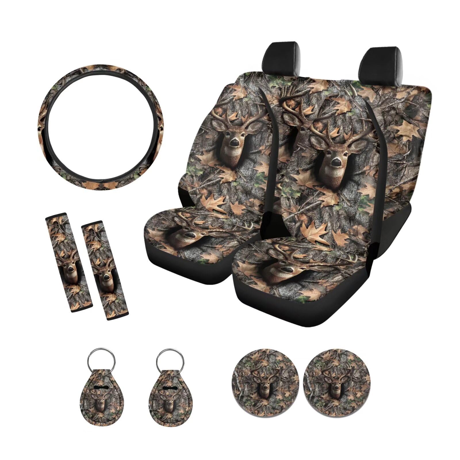 Xoenoiee Set completo di 11 coprisedili per auto, con stampa mimetica con alci, coprivolante, coprisedili anteriori e posteriori, imbottiture per cinture di sicurezza, sottobicchiere e portachiavi,