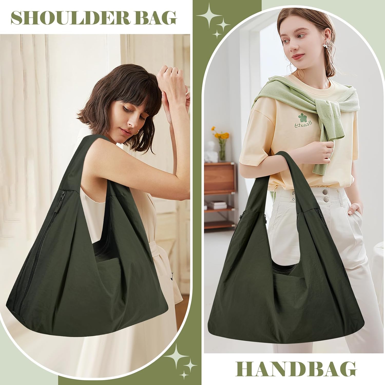 Slouchy Tote Bag Multipockets Nylon Purse Large Hobo Bags for Women Solid Color Crescent Handbag - Image 2