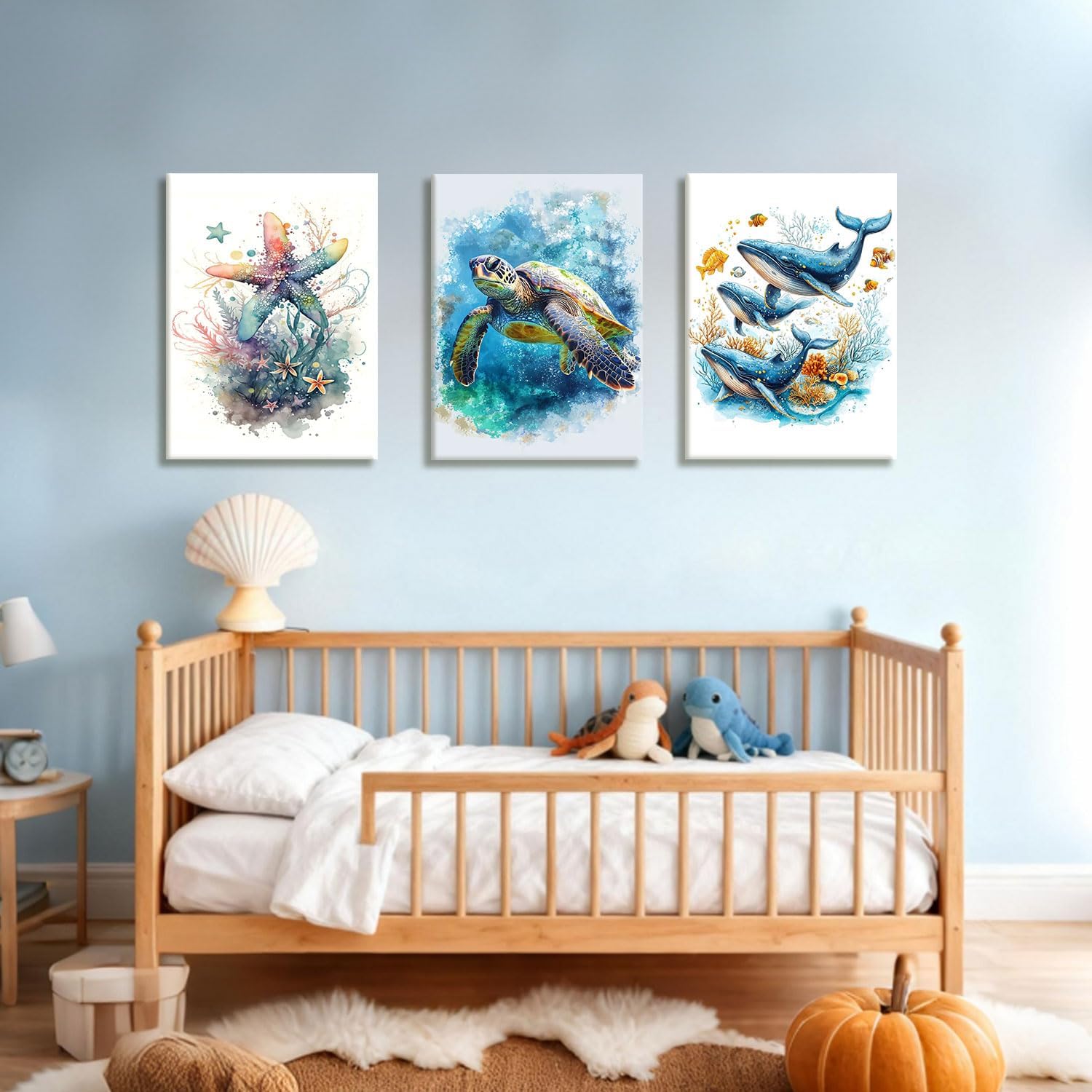 NCCXNCC 3Pcs Marine Animal Canvas Wall Art Beach Bathroom Print Posters Watercolor Sea Turtle Whale Starfish Pictures Marine Life Artwork Paintings Living Room Children's Room Wall Decoration16x24 IN