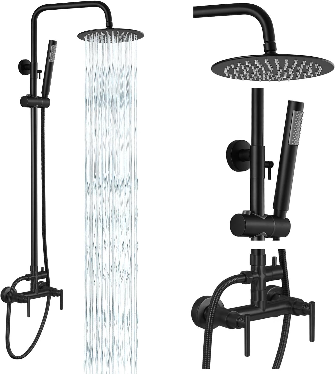 gotonovo Outdoor Shower Fixtures SUS304 Stainless Steel Rain Shower Kit Faucet High Pressure Wall Mount 2 Dual Function 8 Inch Showerhead and Handheld Spray Combo, Double Lever Handle, Matte Black