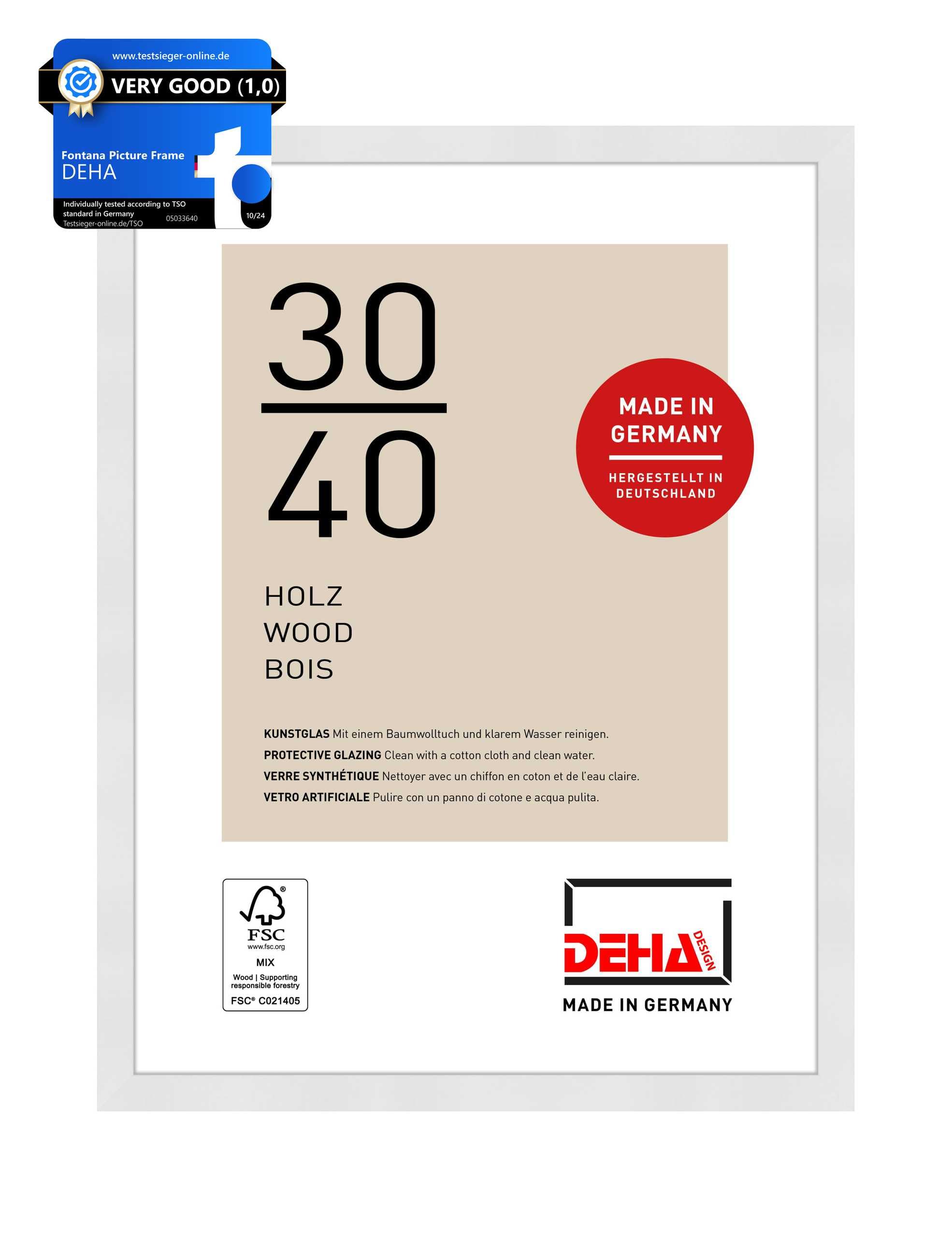Deha Design White Fontana Wooden Picture Frame - 30X40 Cm – - With Synthetic Glass And Push/Turn Clips